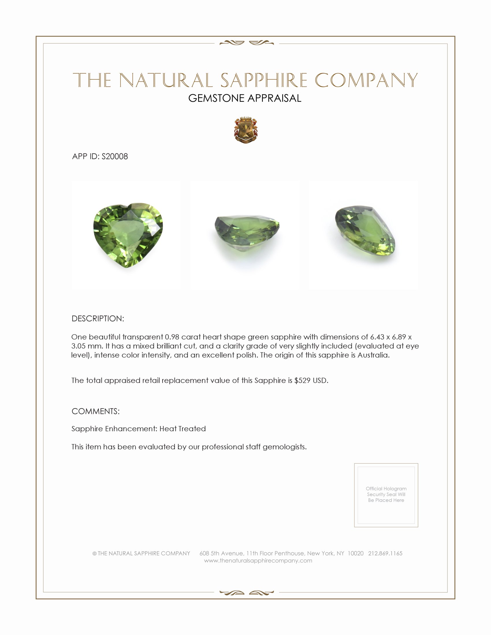 0.98 Ct. Green Sapphire from Australia