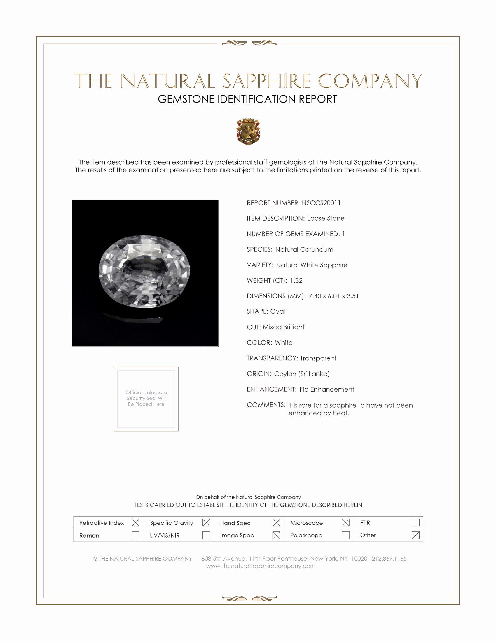 1.32 Ct. White Sapphire from Ceylon (Sri Lanka)