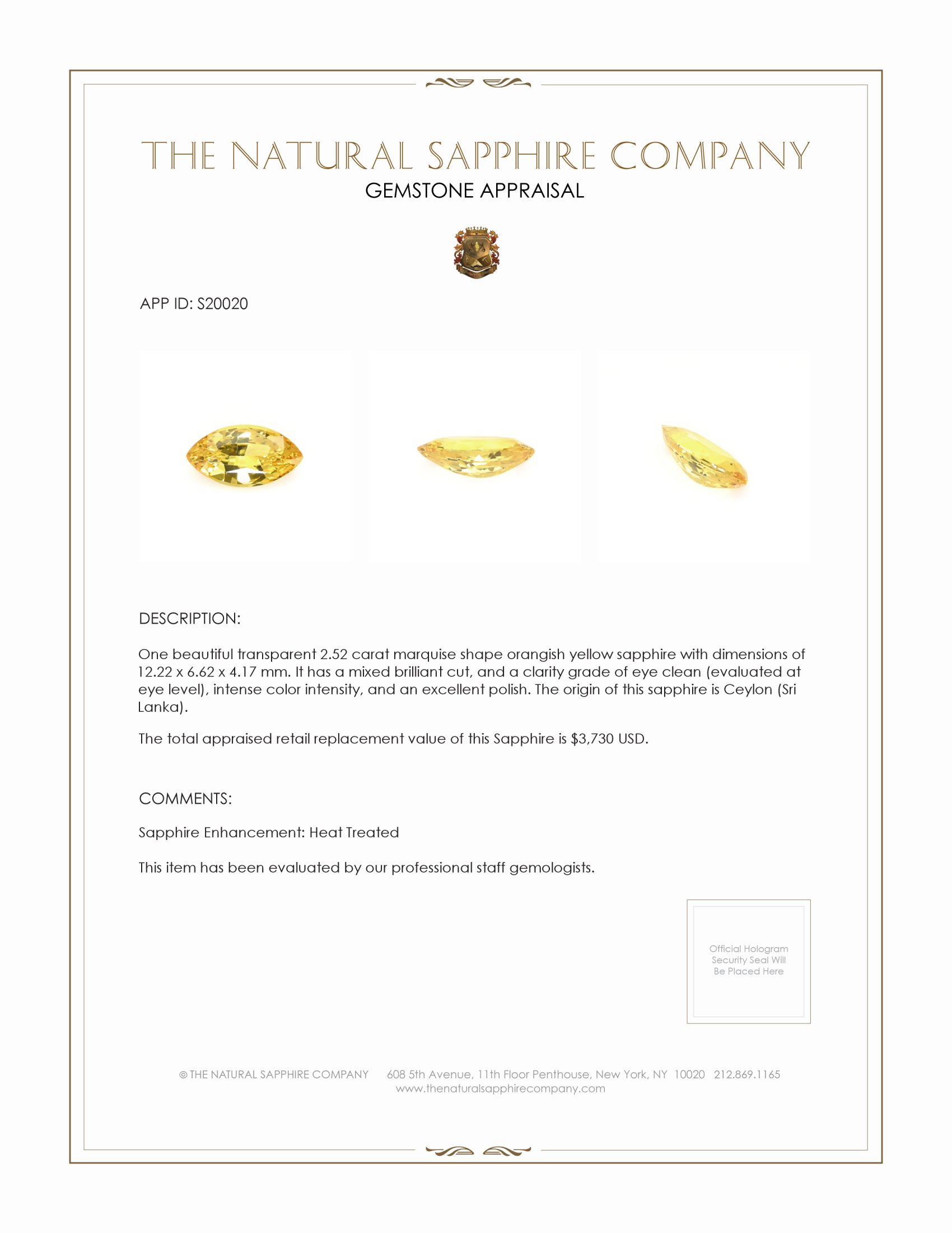 2.52 Ct. Orangish Yellow Sapphire from Ceylon (Sri Lanka)