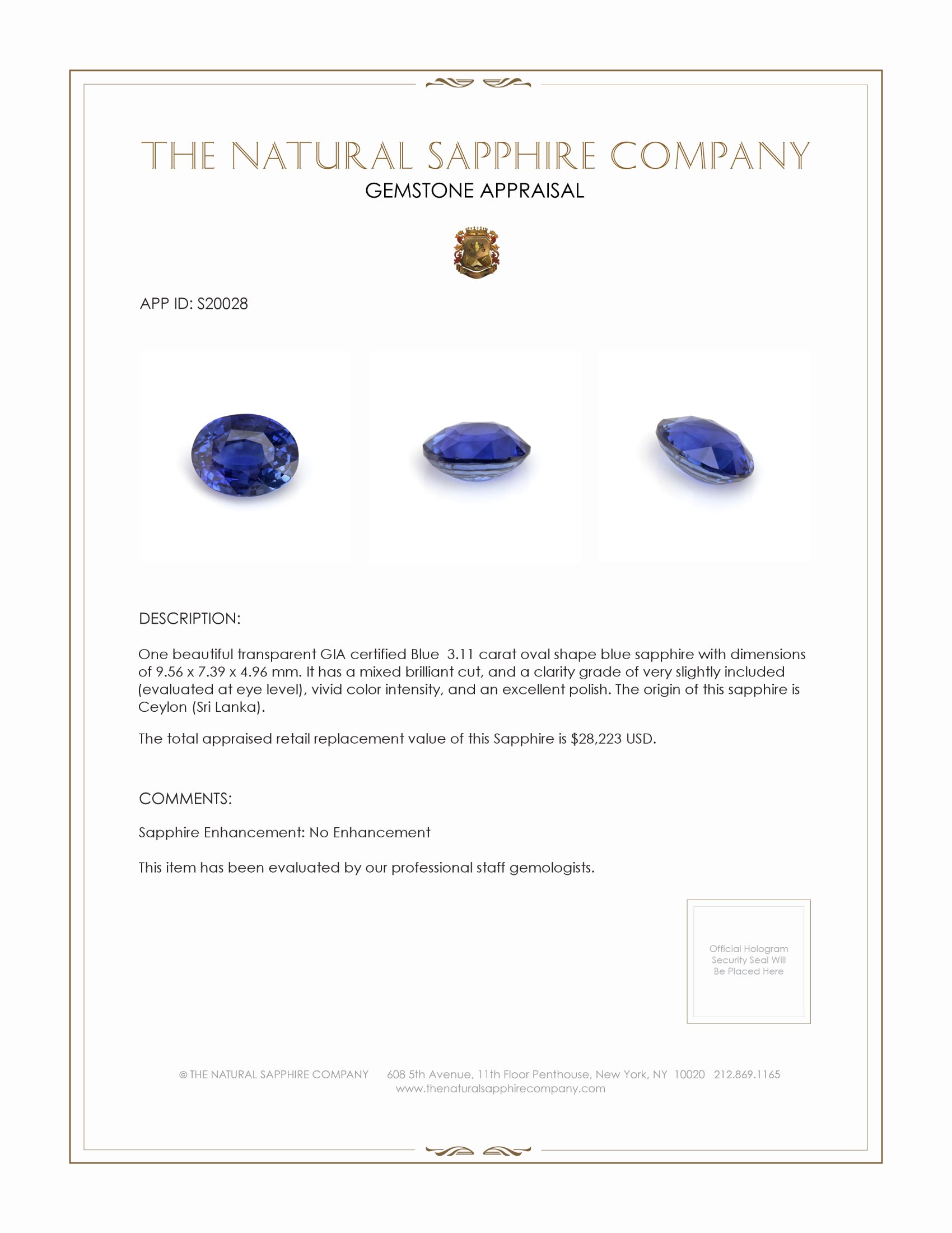 3.11 Ct. Blue Sapphire from Ceylon (Sri Lanka)