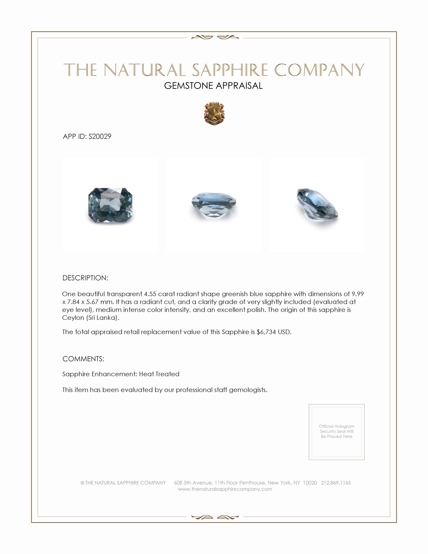 4.55 Ct. Greenish Blue Sapphire from Ceylon (Sri Lanka)