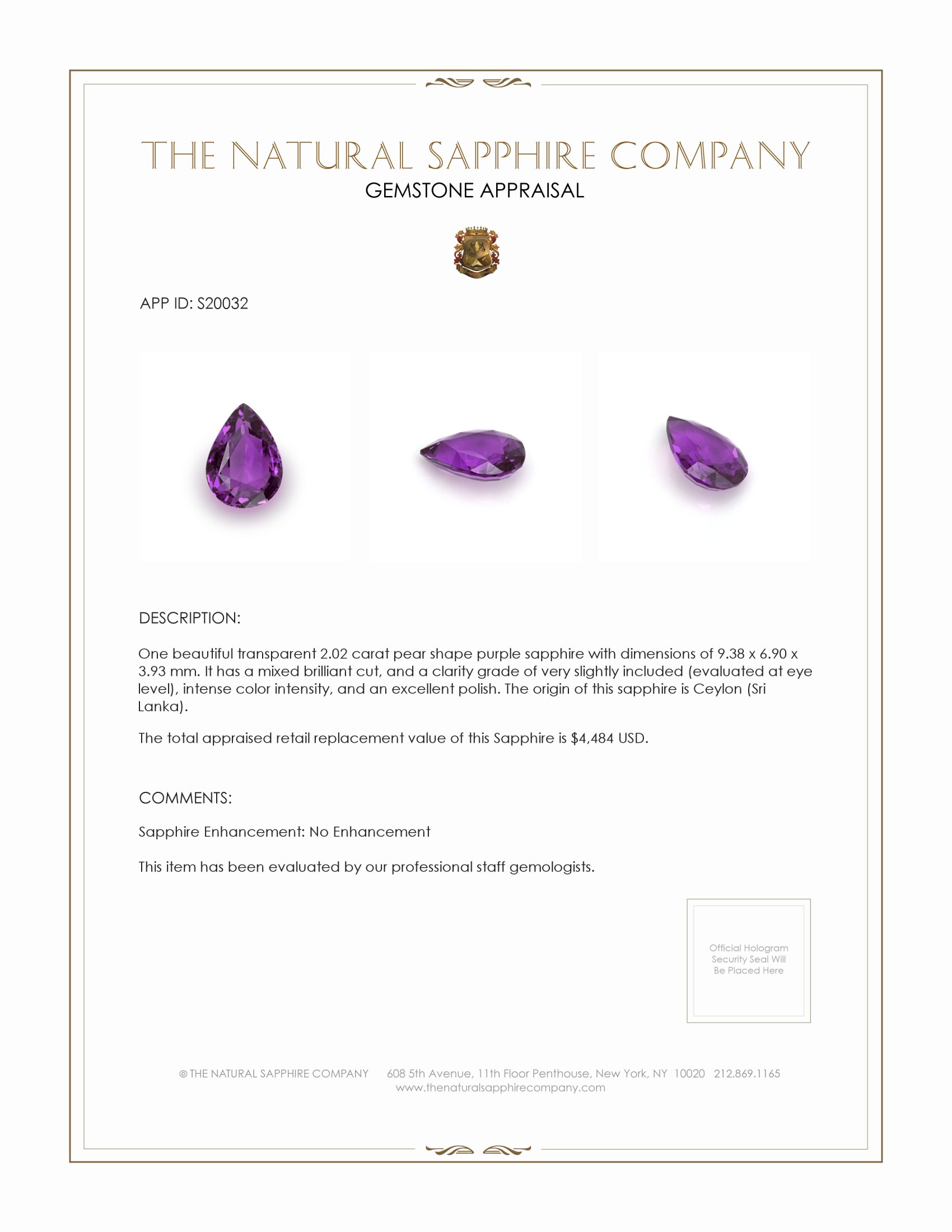 2.02 Ct. Purple Sapphire from Ceylon (Sri Lanka)