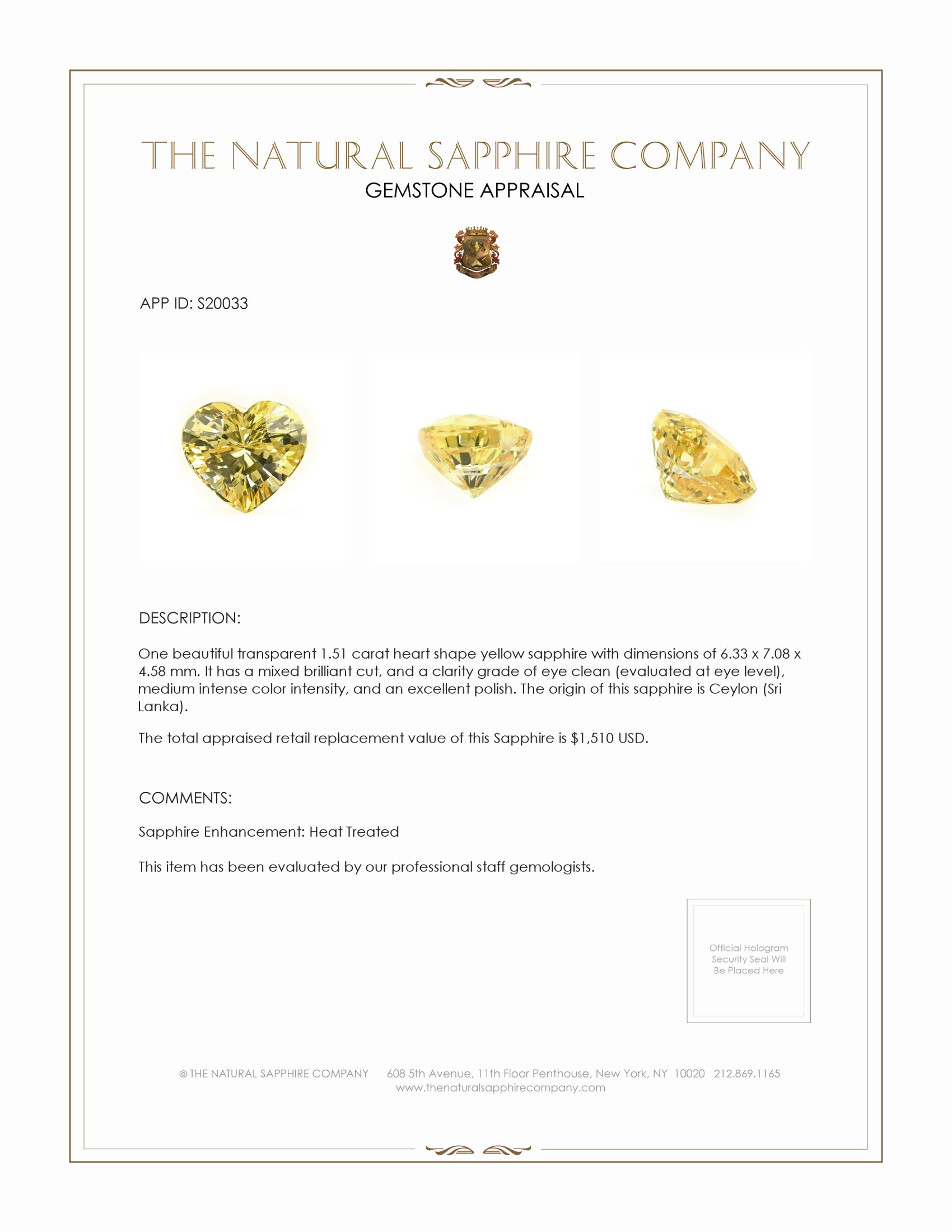 1.51 Ct. Yellow Sapphire from Ceylon (Sri Lanka)
