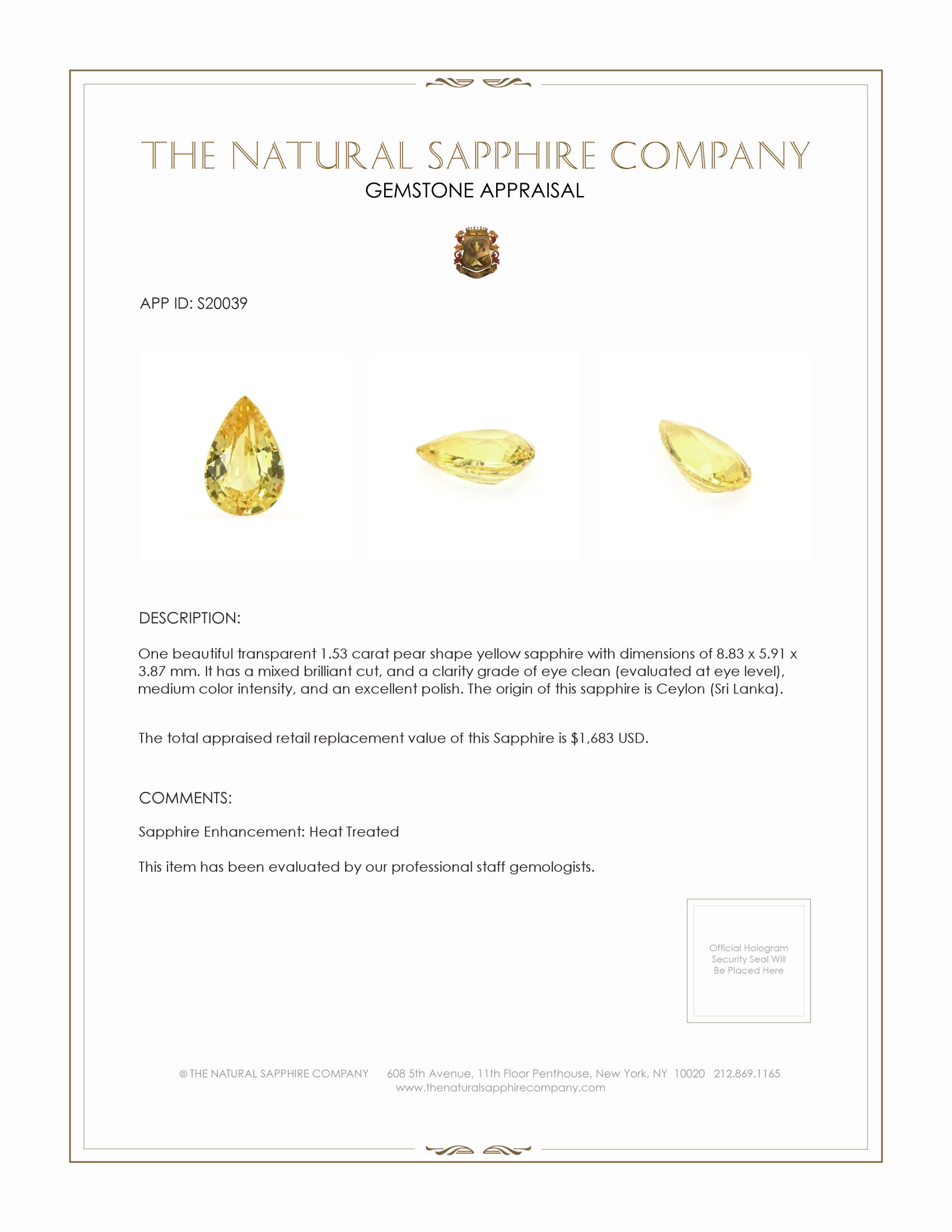 1.53 Ct. Yellow Sapphire from Ceylon (Sri Lanka)