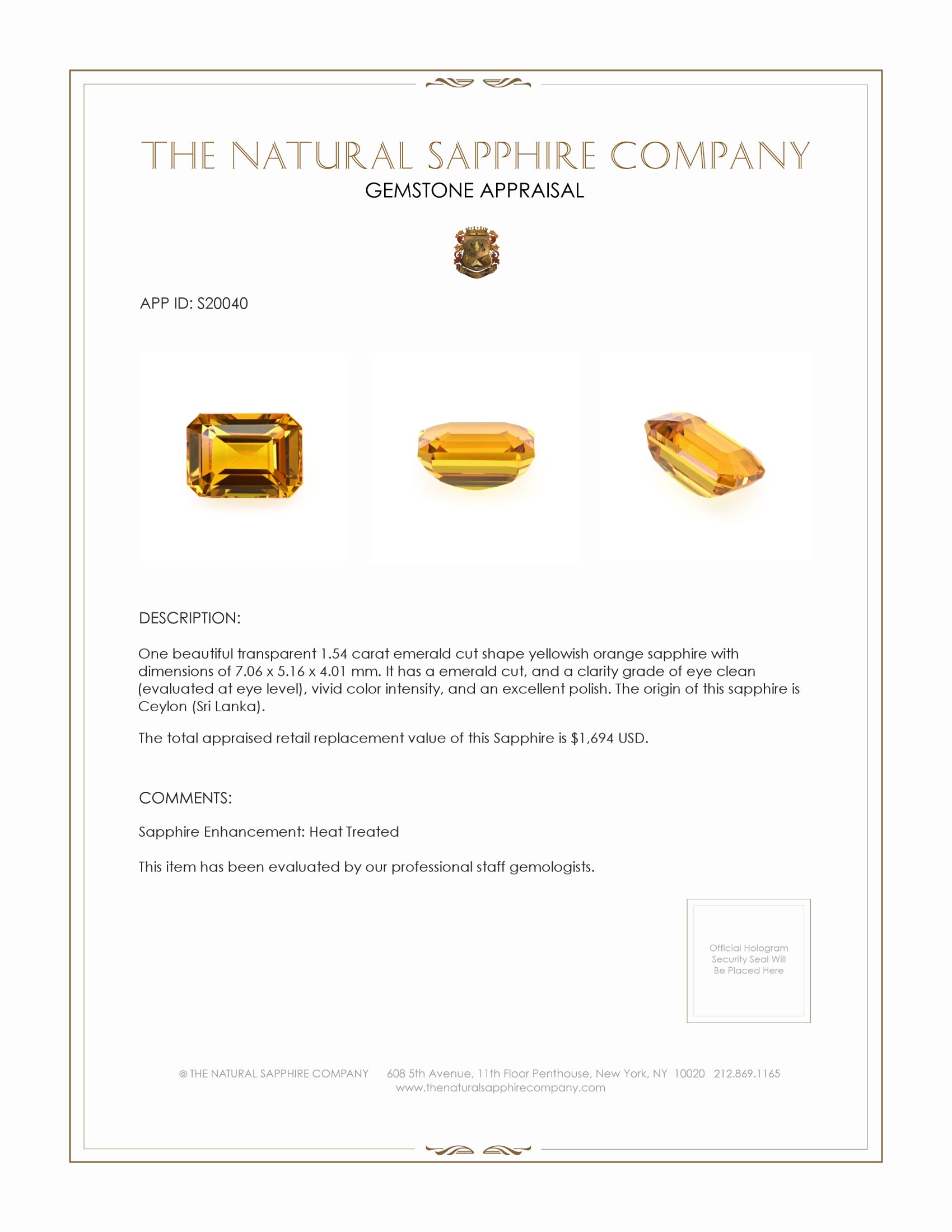 1.54 Ct. Yellowish Orange Sapphire from Ceylon (Sri Lanka)