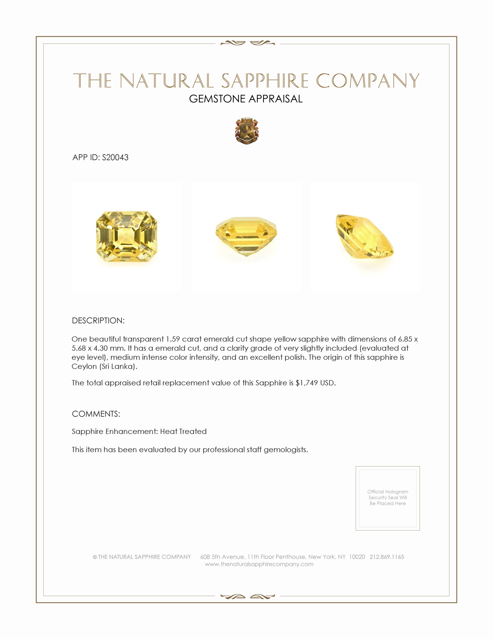 1.59 Ct. Yellow Sapphire from Ceylon (Sri Lanka)