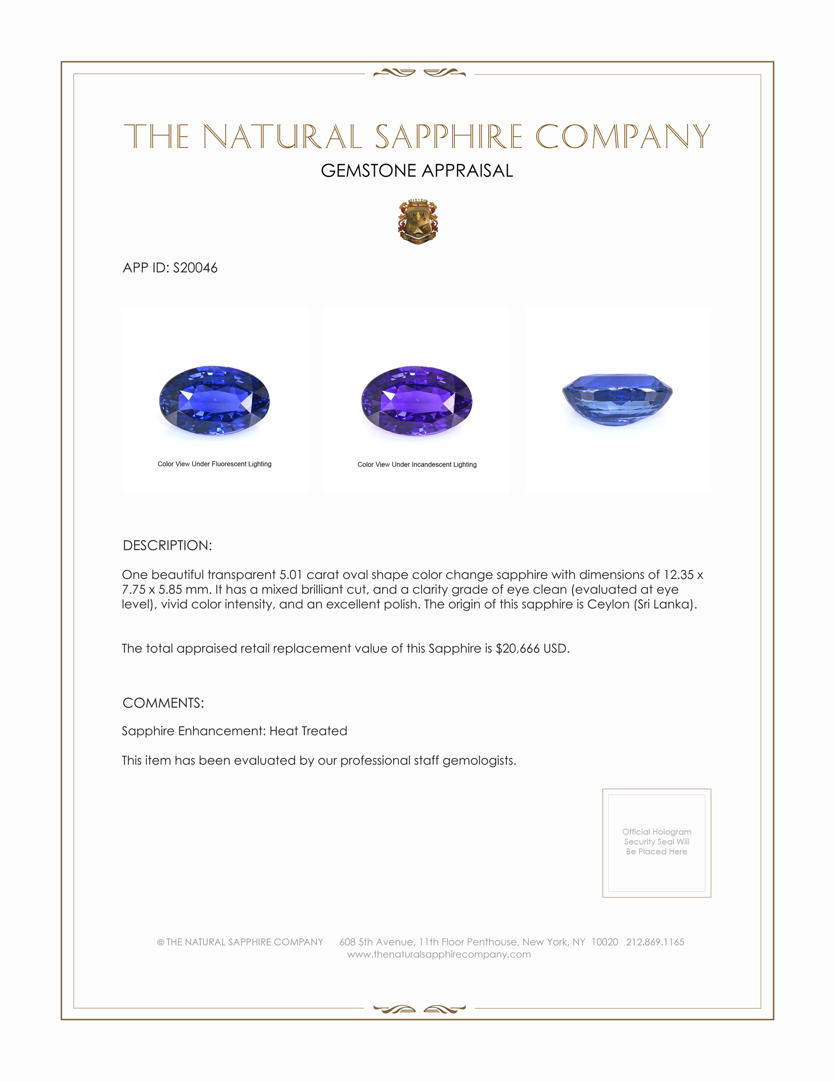 5.01 Ct. Color Change Sapphire from Ceylon (Sri Lanka)