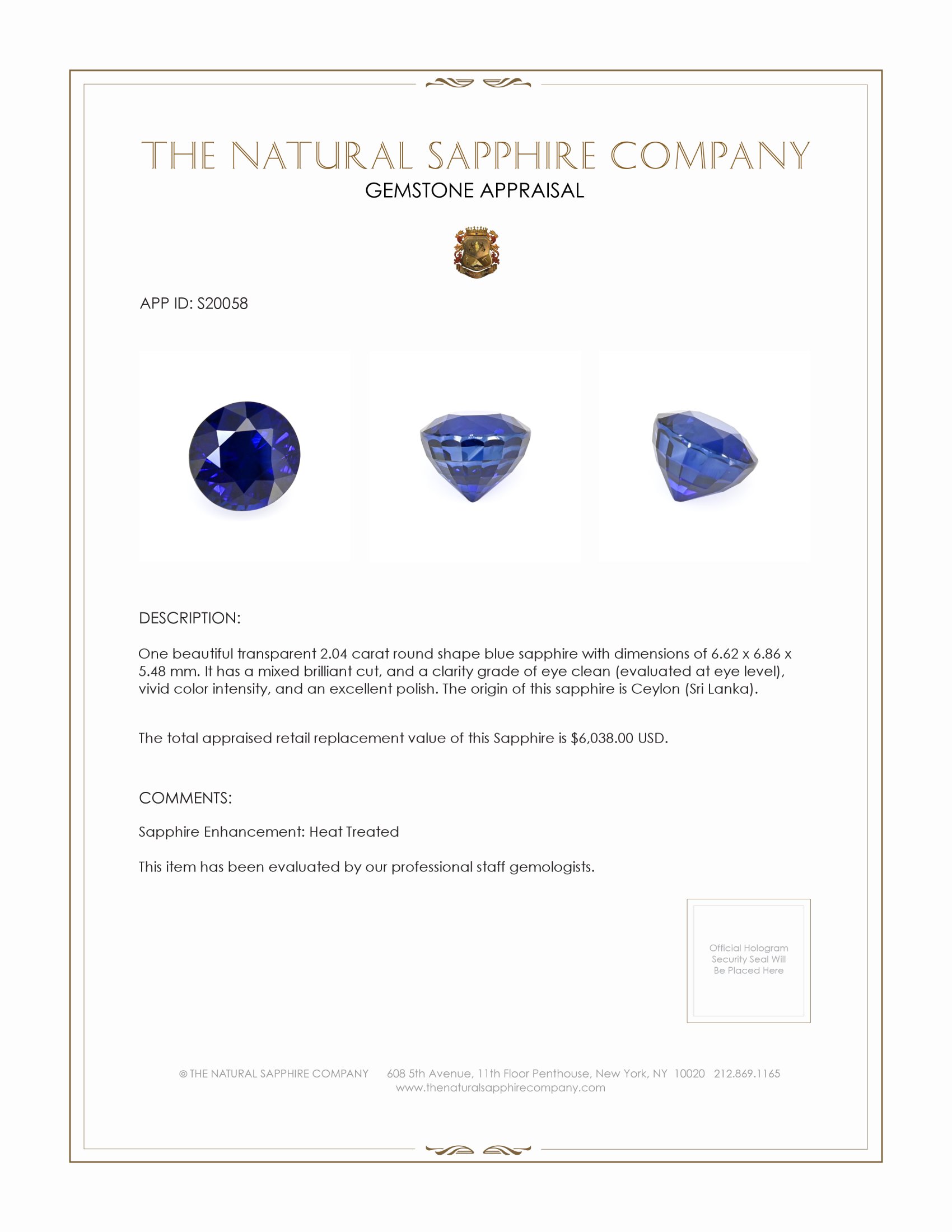 2.04 Ct. Blue Sapphire from Ceylon (Sri Lanka)