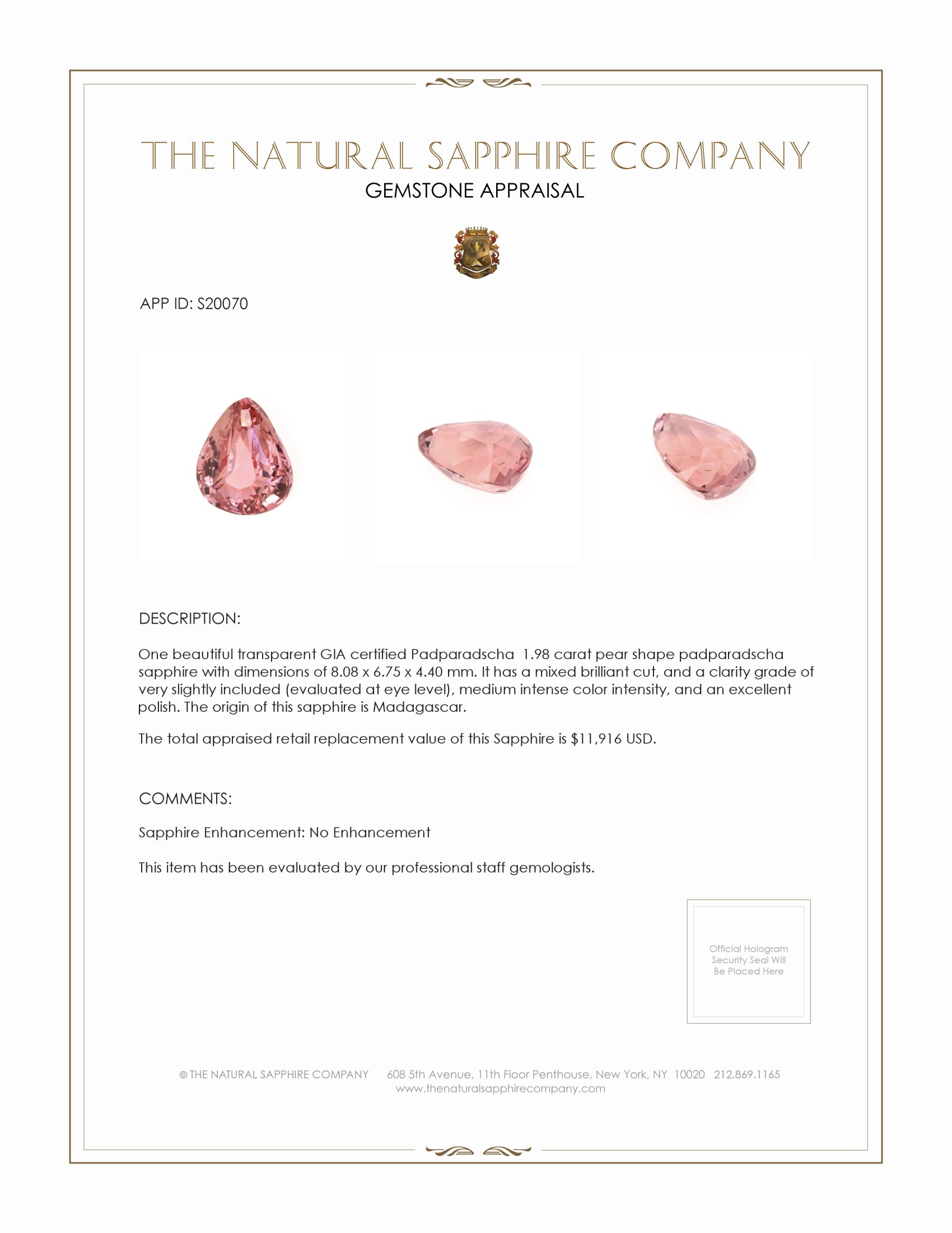 1.98 Ct. Padparadscha Sapphire from Madagascar