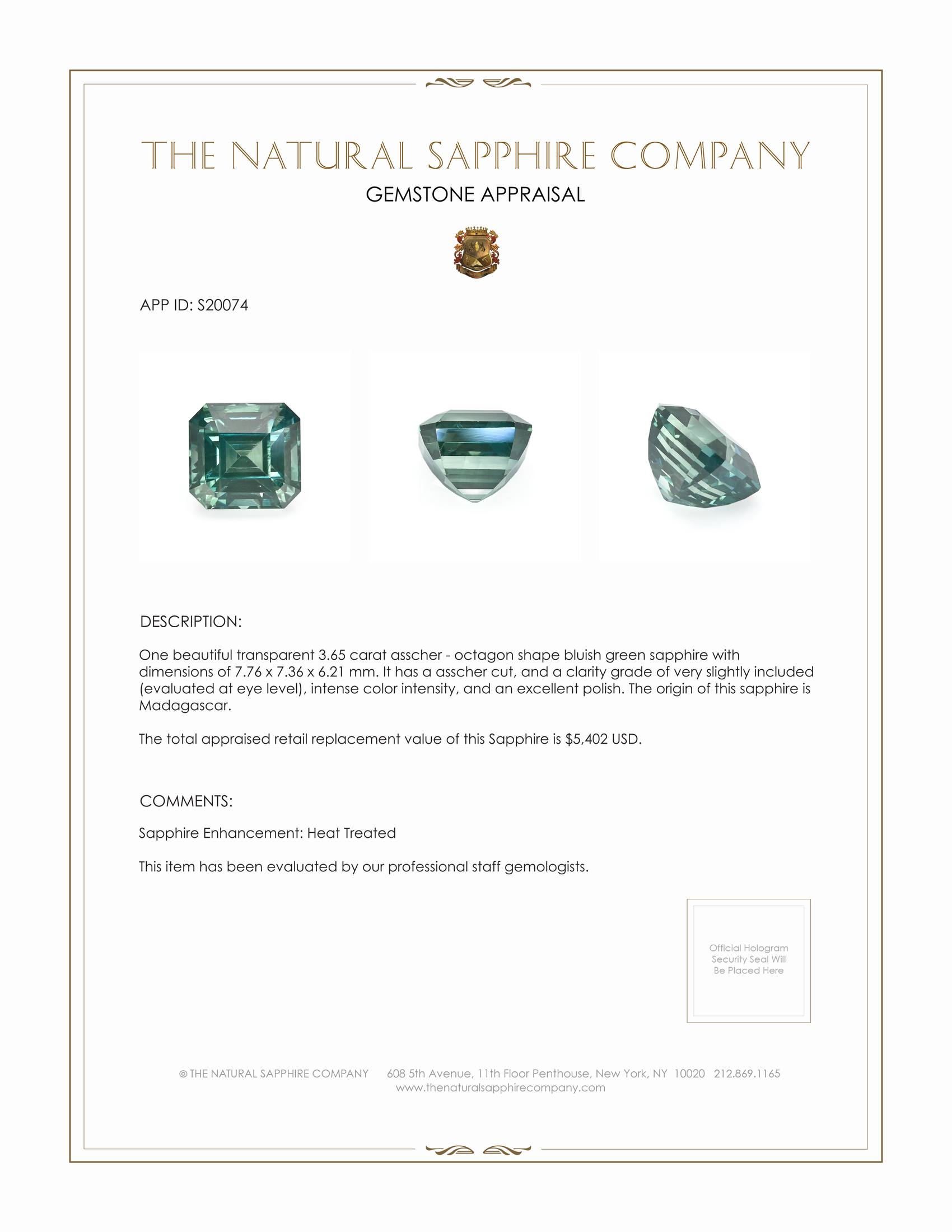 3.65 Ct. Bluish Green Sapphire from Madagascar