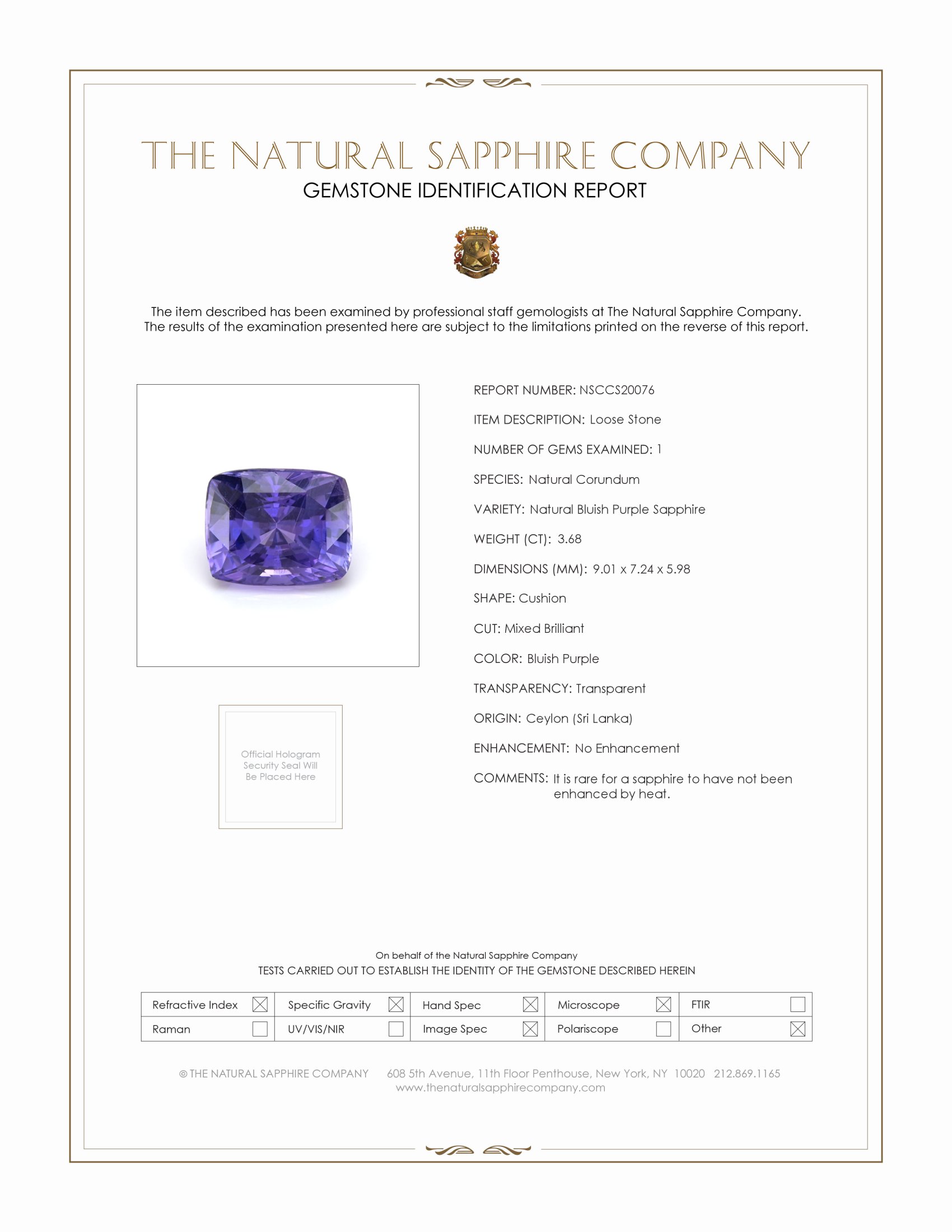 3.68 Ct. Bluish Purple Sapphire from Ceylon (Sri Lanka)