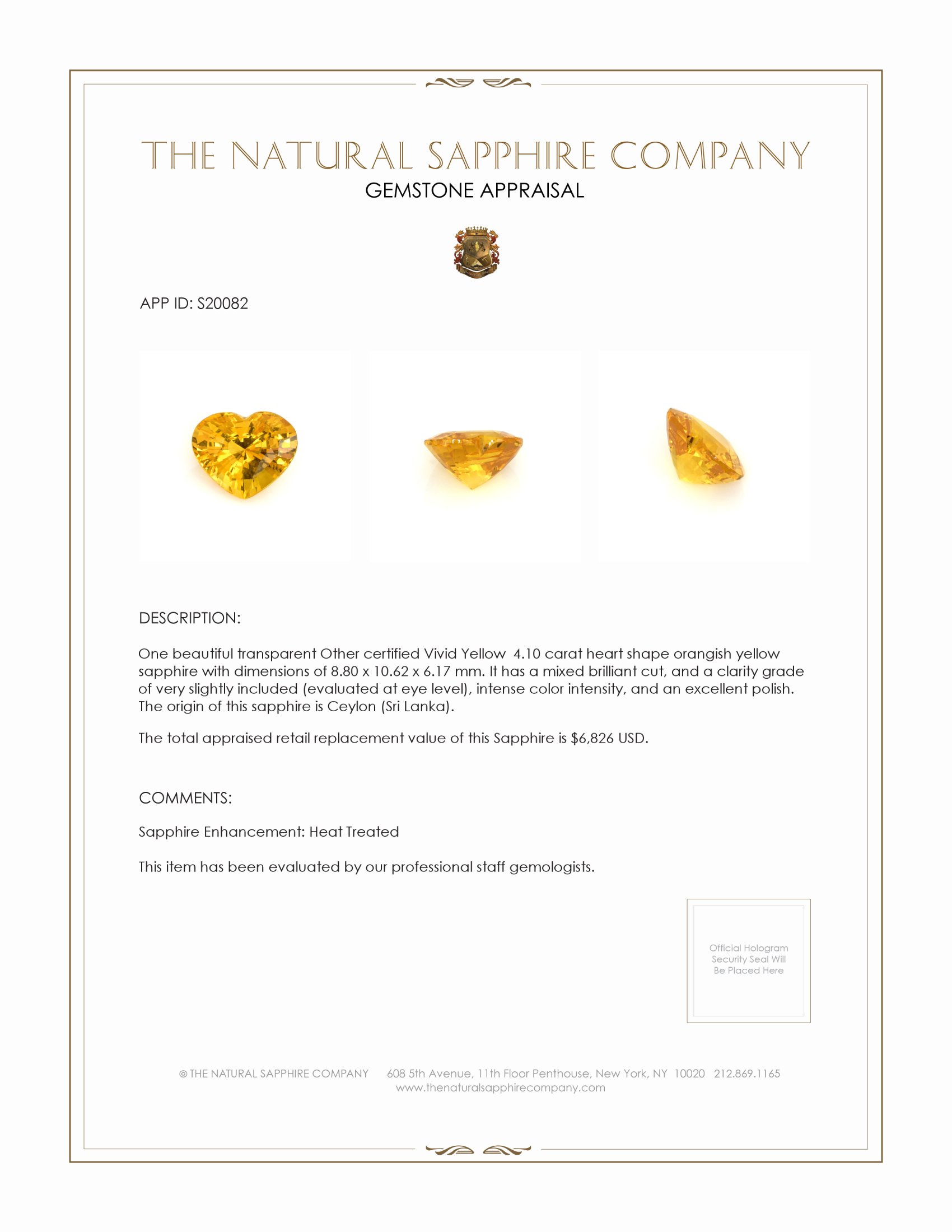 4.10 Ct. Orangish Yellow Sapphire from Ceylon (Sri Lanka)