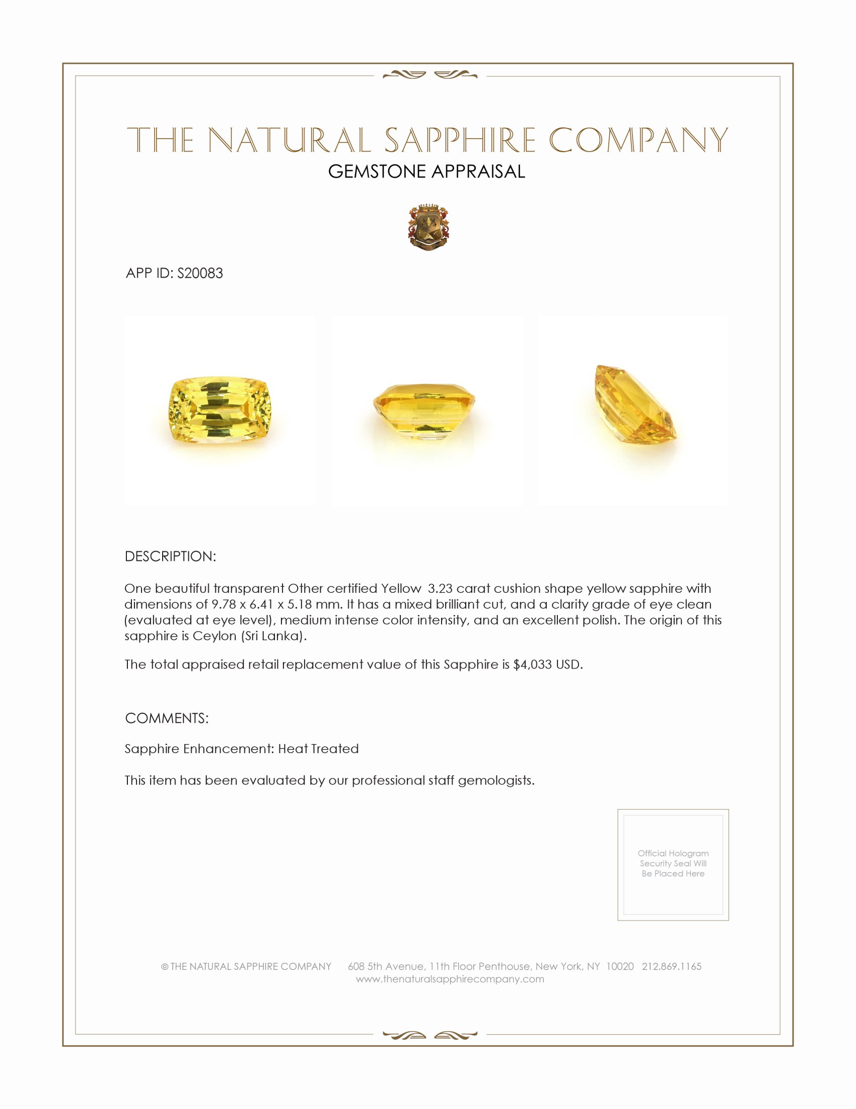 3.23 Ct. Yellow Sapphire from Ceylon (Sri Lanka)