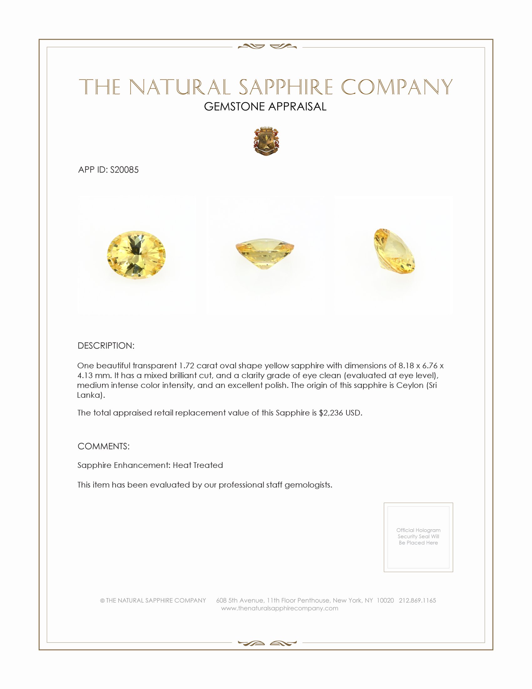 1.72 Ct. Yellow Sapphire from Ceylon (Sri Lanka)