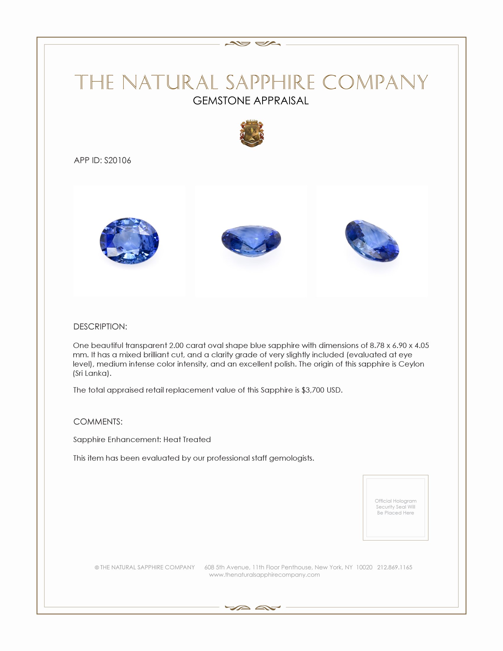 2.00 Ct. Blue Sapphire from Ceylon (Sri Lanka)