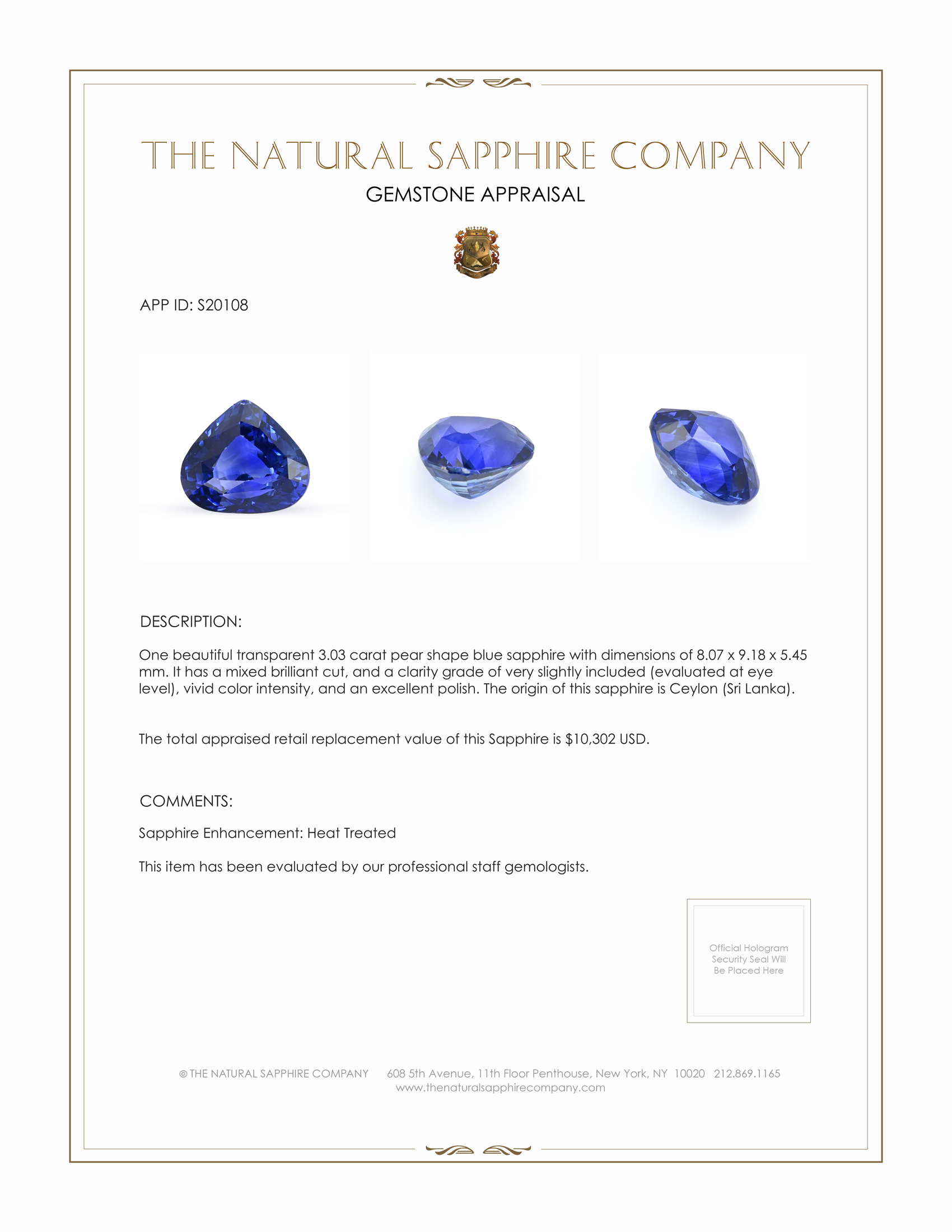 3.03 Ct. Blue Sapphire from Ceylon (Sri Lanka)