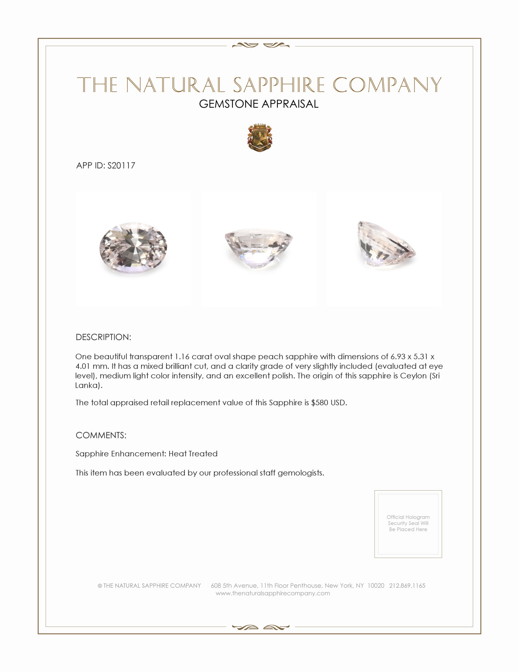 1.16 Ct. Peach Sapphire from Ceylon (Sri Lanka)