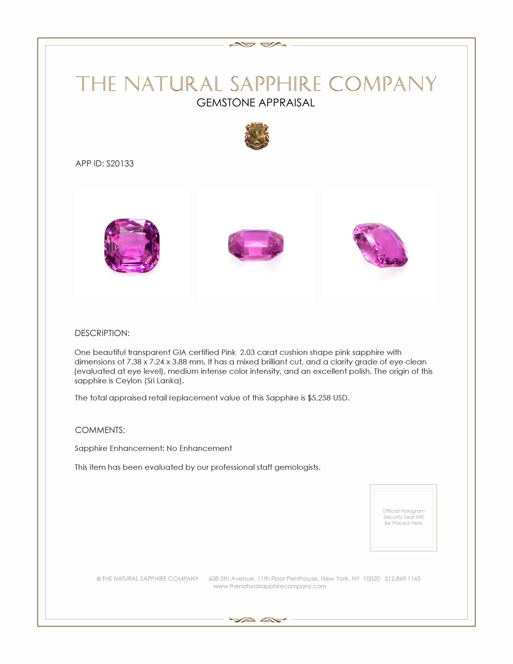 2.03 Ct. Pink Sapphire from Ceylon (Sri Lanka)