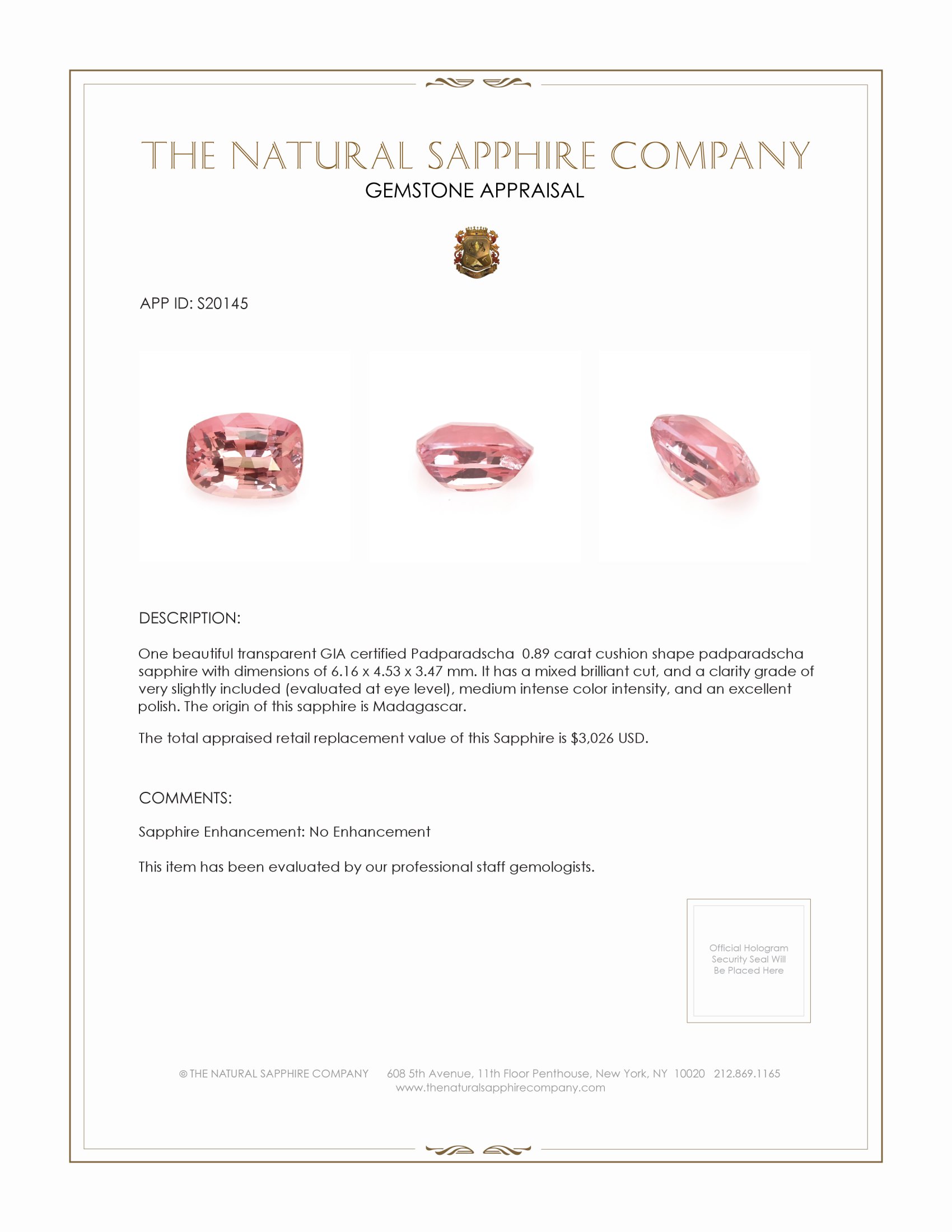 0.89 Ct. Padparadscha Sapphire from Madagascar