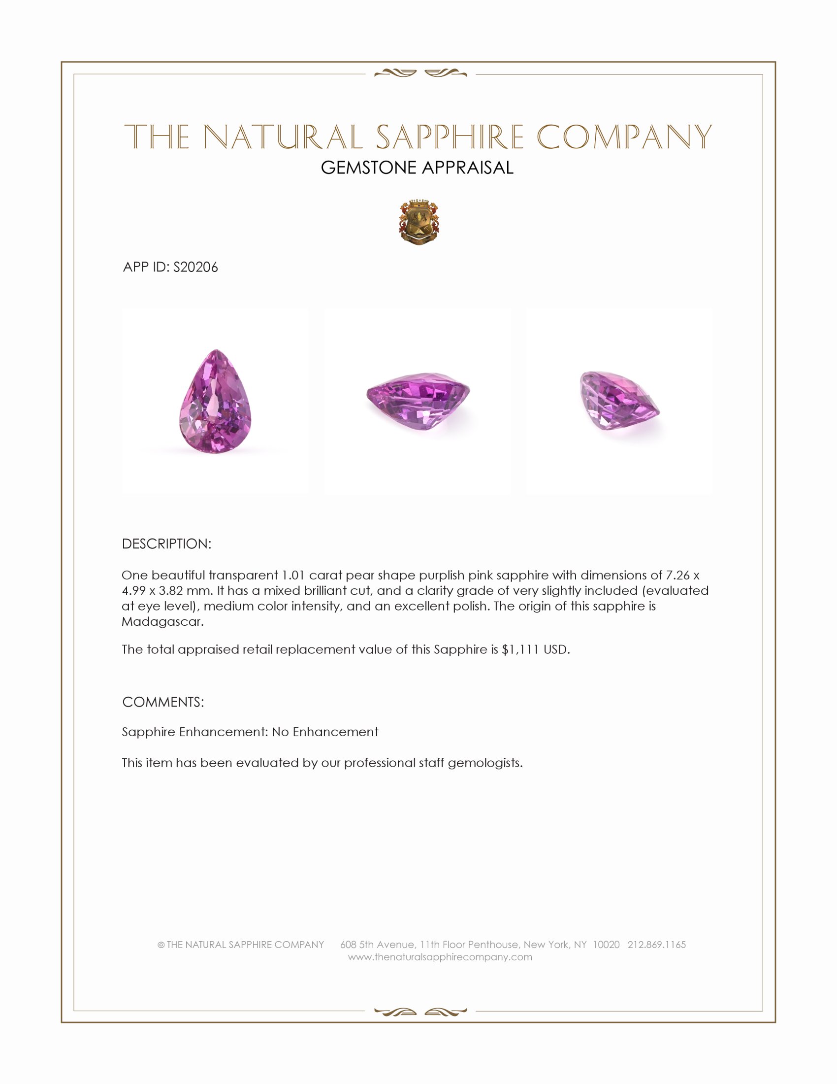 1.01 Ct. Purplish Pink Sapphire from Madagascar