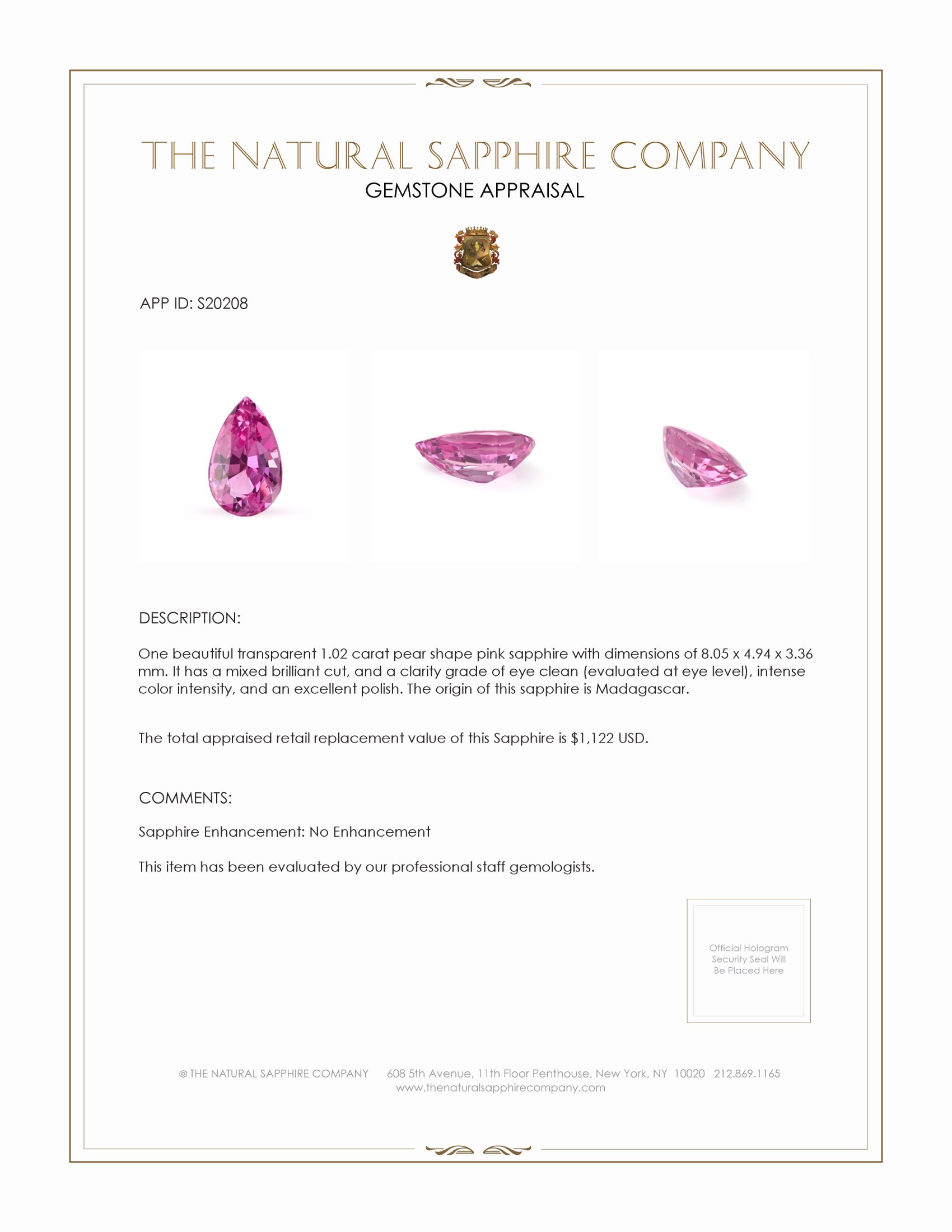 0.97 Ct. Pink Sapphire from Ceylon (Sri Lanka)