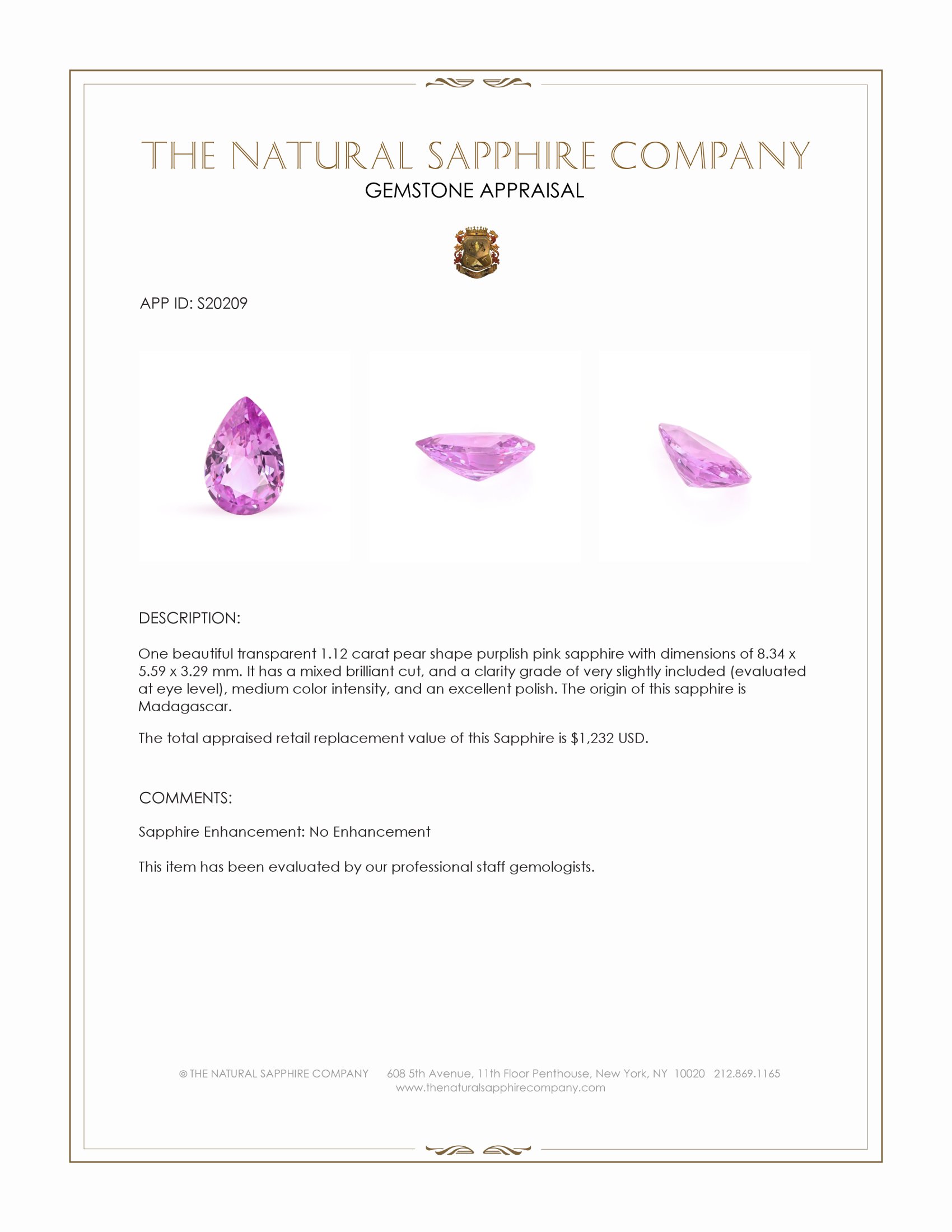1.12 Ct. Purplish Pink Sapphire from Madagascar