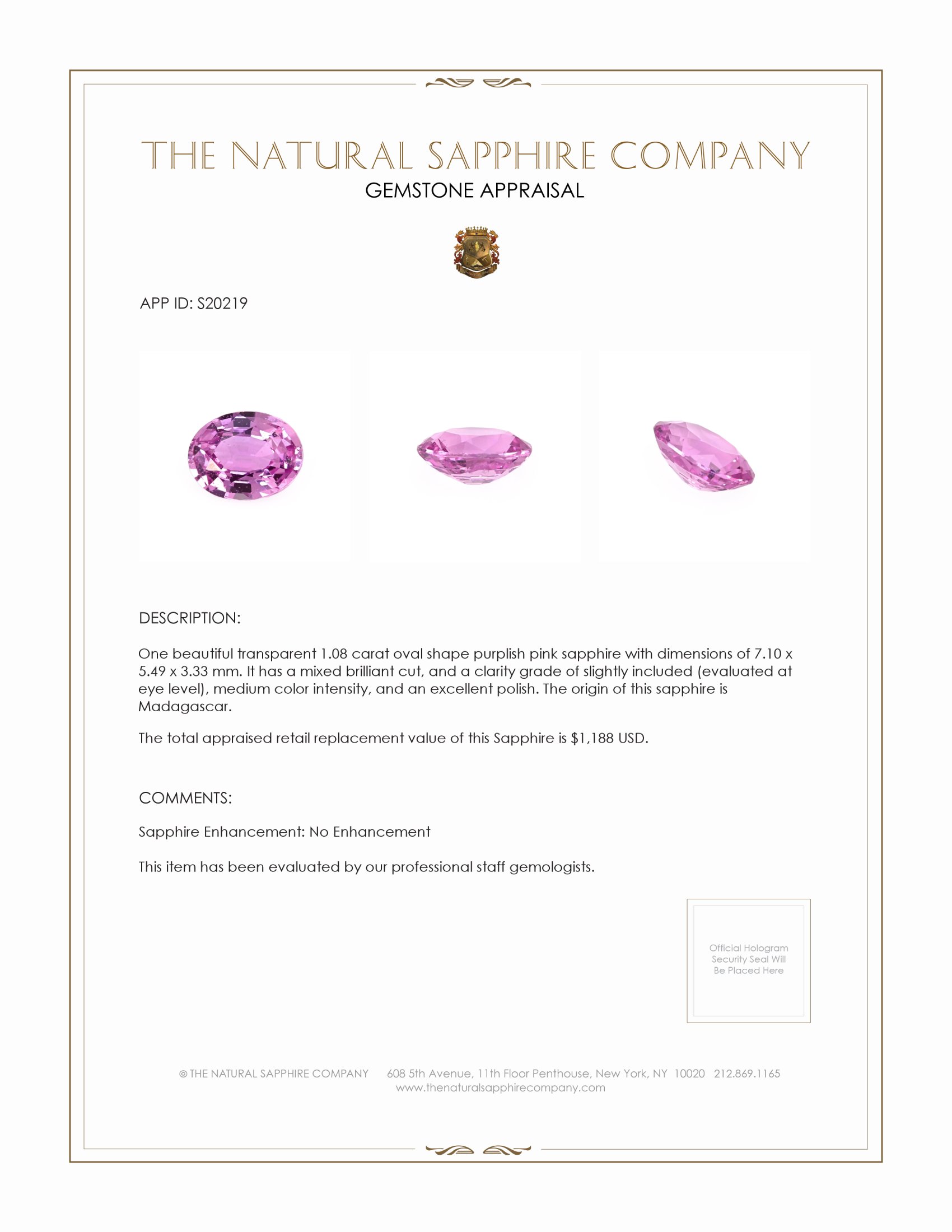 1.08 Ct. Purplish Pink Sapphire from Madagascar