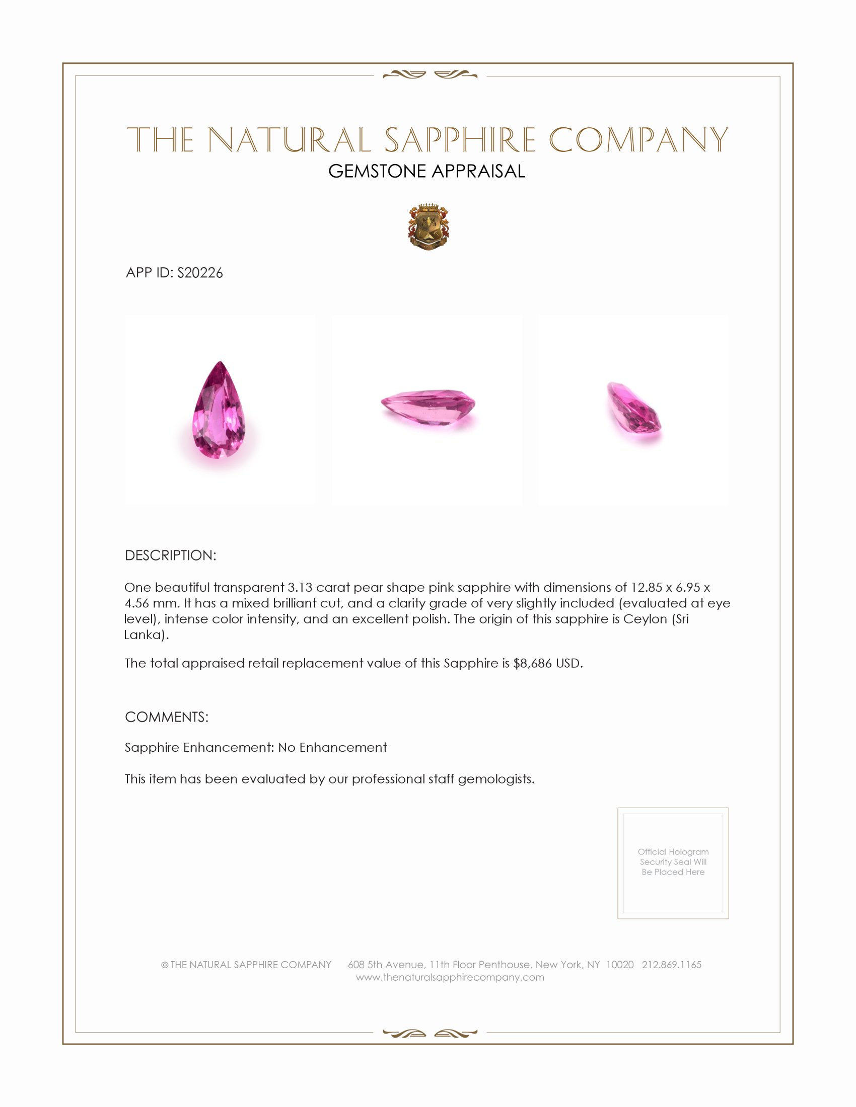 3.13 Ct. Pink Sapphire from Ceylon (Sri Lanka)