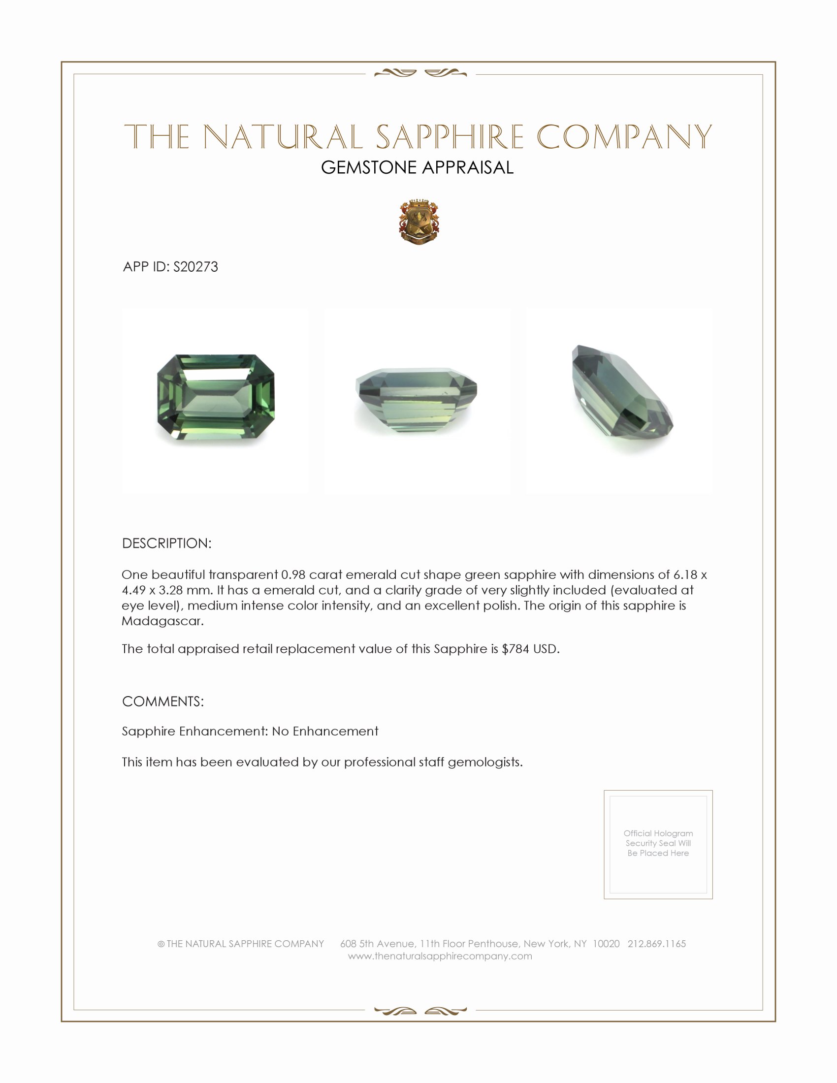 0.98 Ct. Green Sapphire from Madagascar