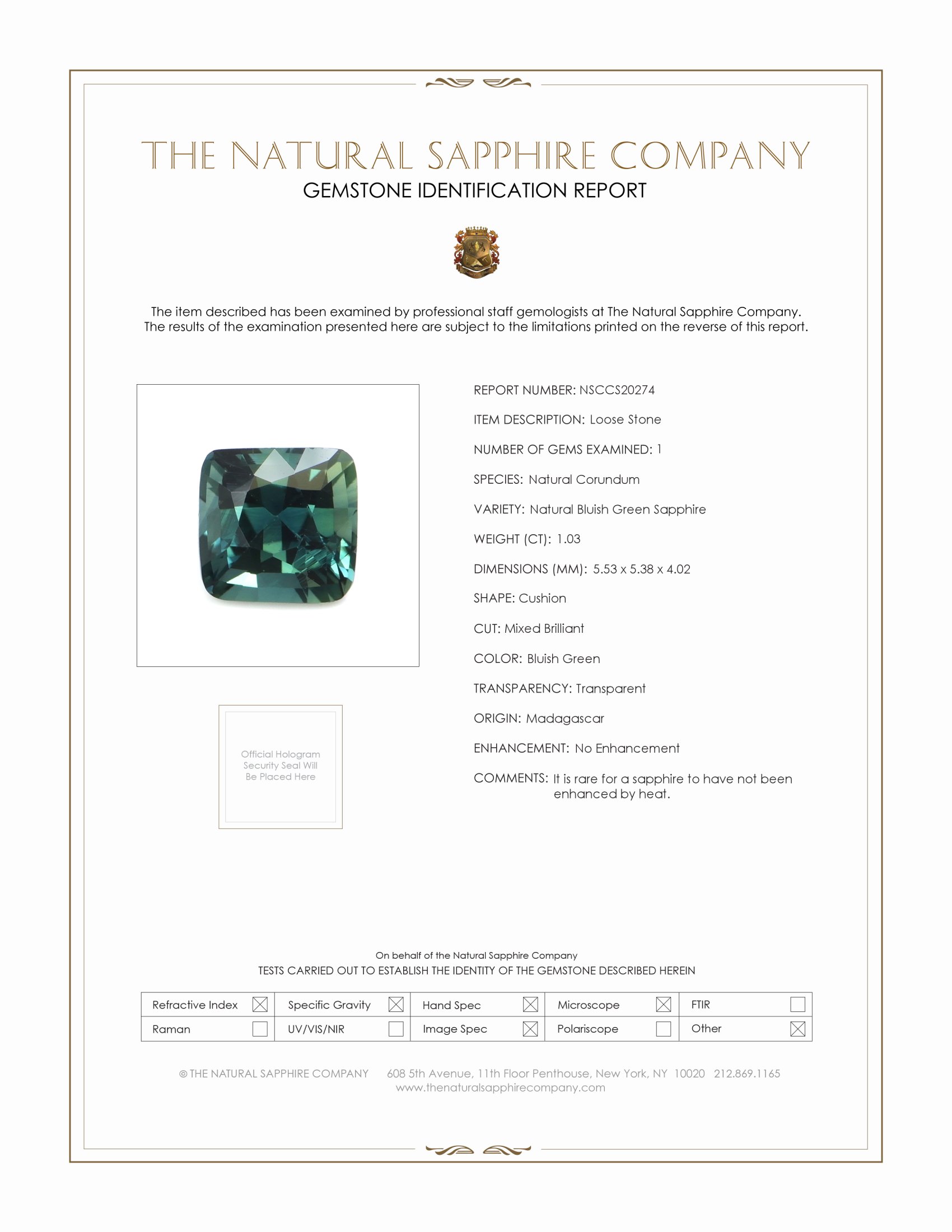 1.03 Ct. Bluish Green Sapphire from Madagascar
