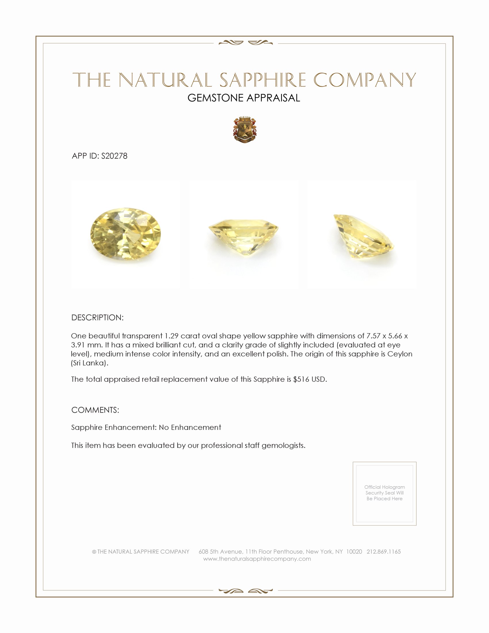 1.29 Ct. Yellow Sapphire from Ceylon (Sri Lanka)