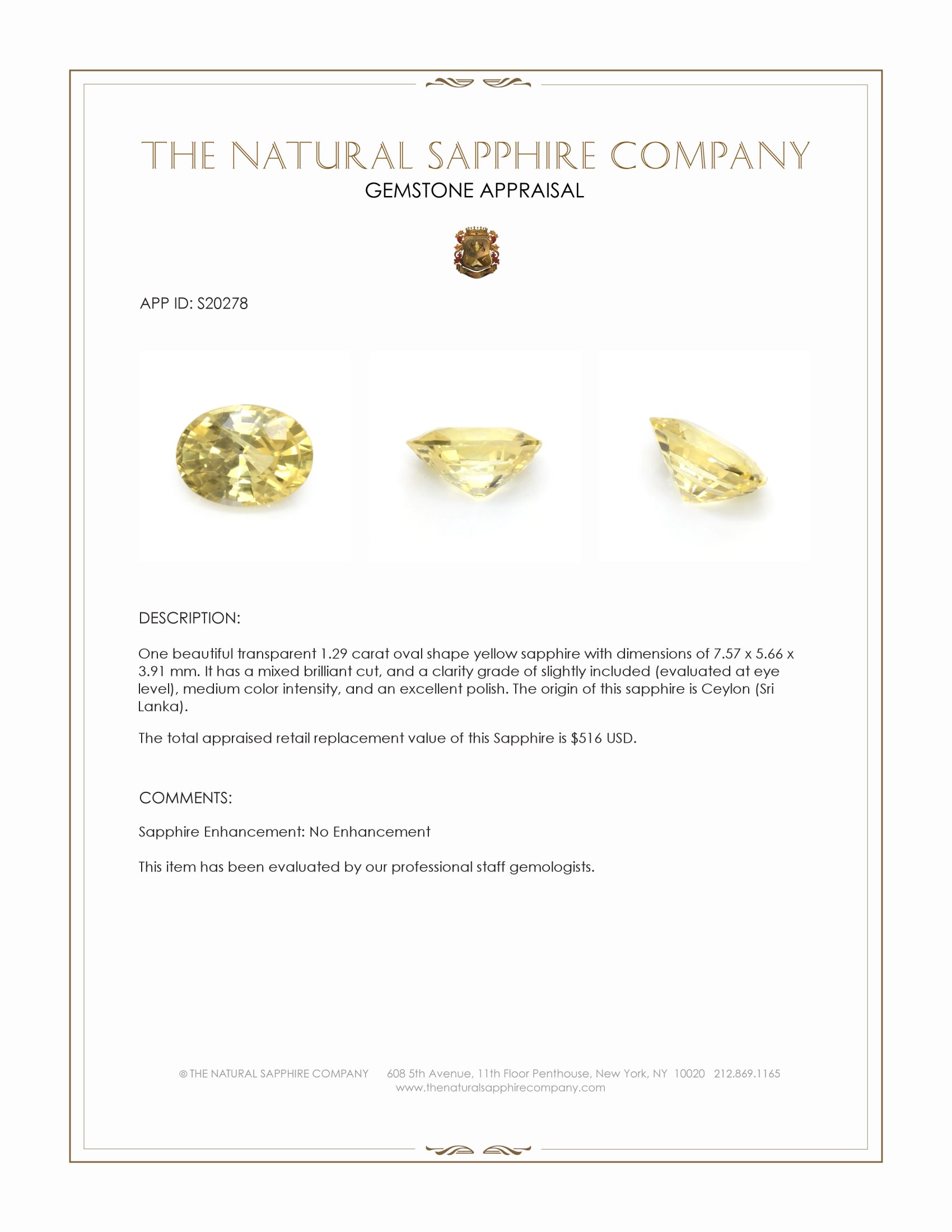 1.29 Ct. Yellow Sapphire from Ceylon (Sri Lanka)