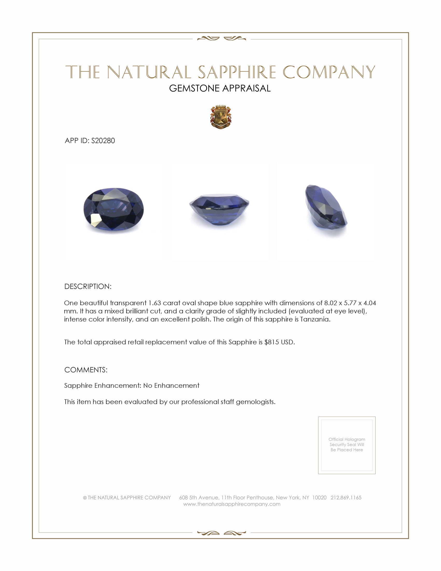 1.63 Ct. Blue Sapphire from Tanzania