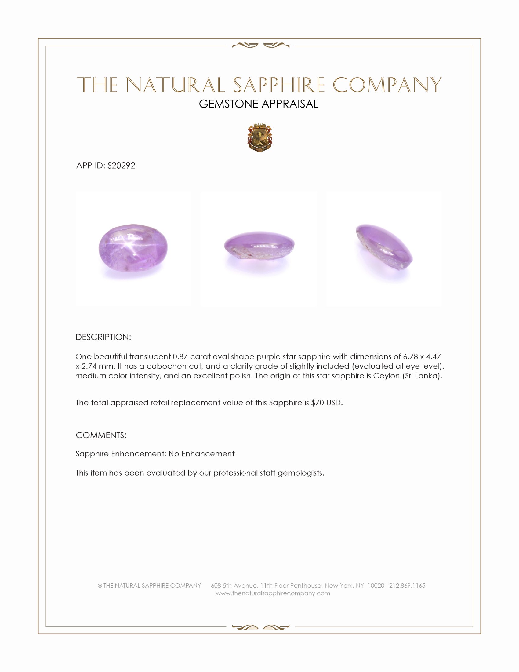 0.87 Ct. Purple Star Sapphire from Ceylon (Sri Lanka)
