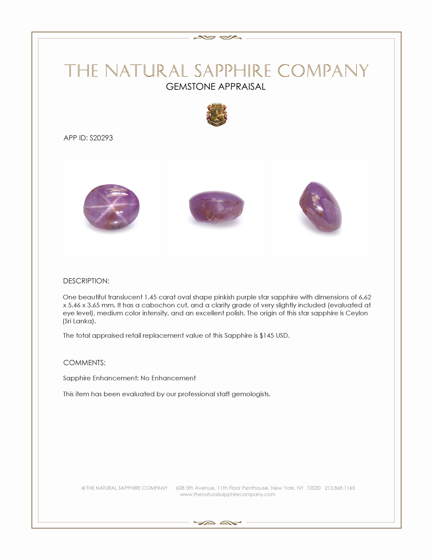 1.45 Ct. Pinkish Purple Star Sapphire from Ceylon (Sri Lanka)