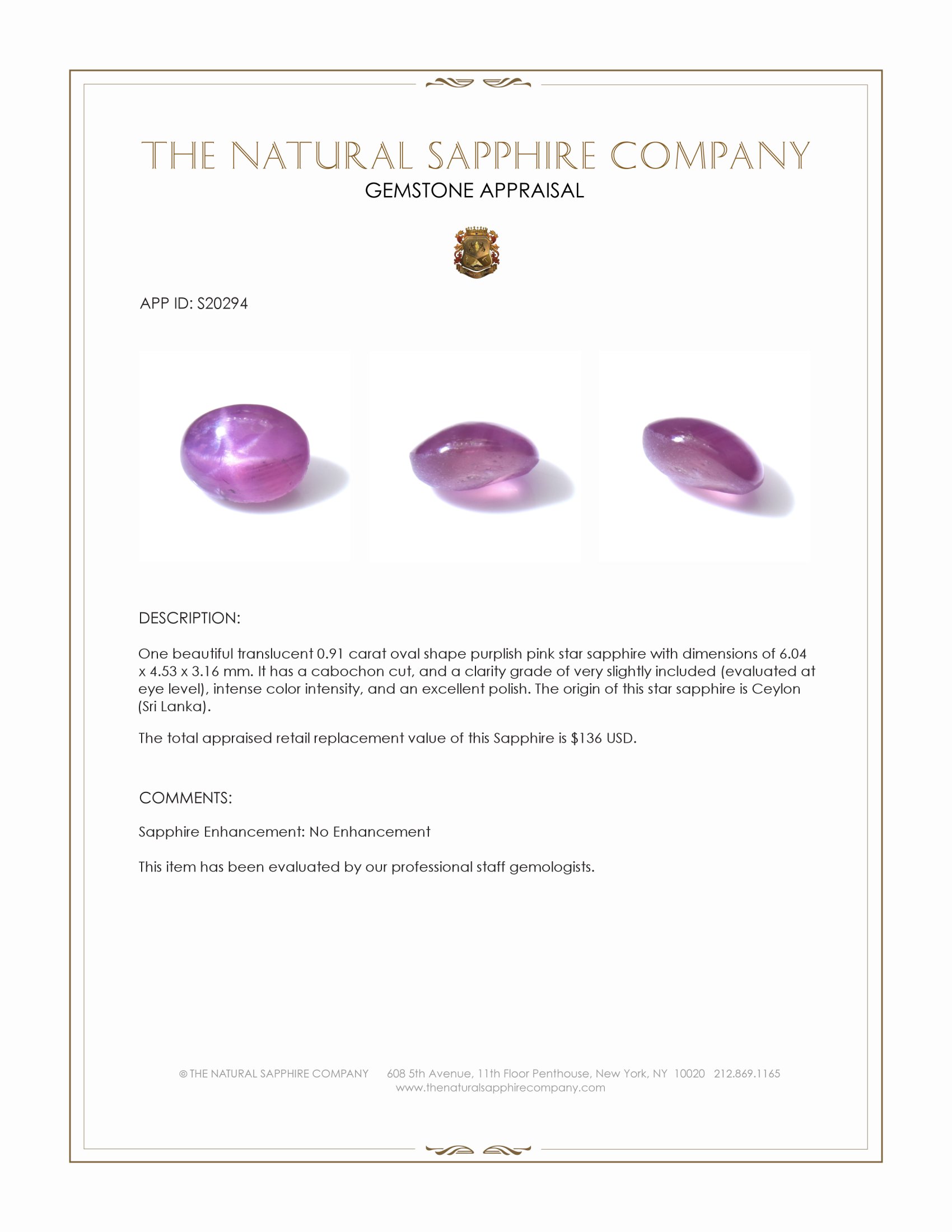 0.91 Ct. Purplish Pink Star Sapphire from Ceylon (Sri Lanka)