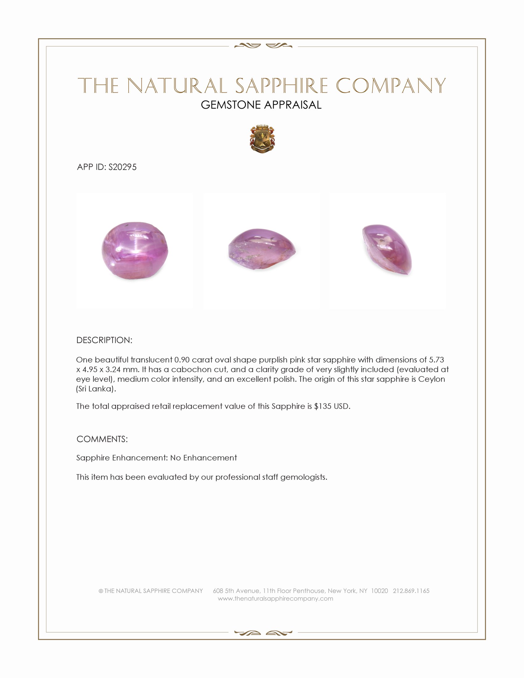 0.90 Ct. Purplish Pink Star Sapphire from Ceylon (Sri Lanka)