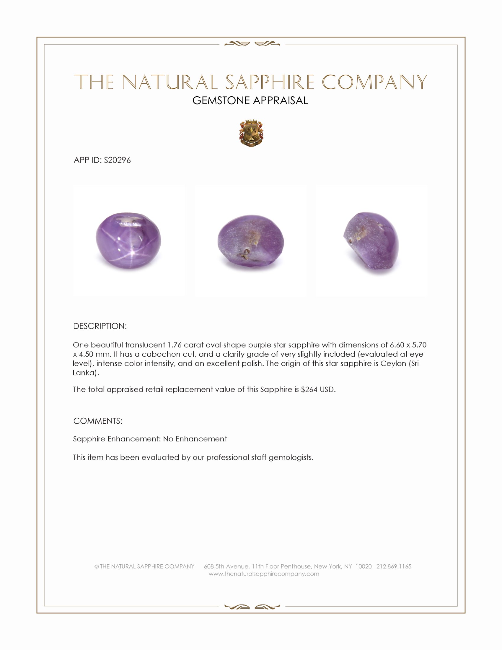 1.76 Ct. Purple Star Sapphire from Ceylon (Sri Lanka)