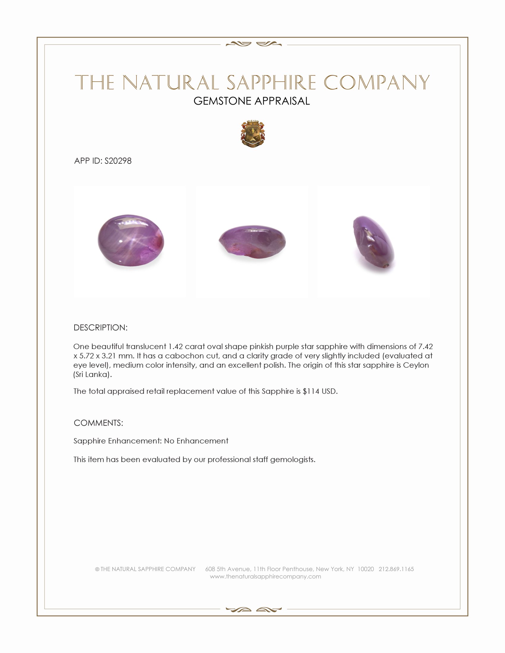 1.42 Ct. Pinkish Purple Star Sapphire from Ceylon (Sri Lanka)