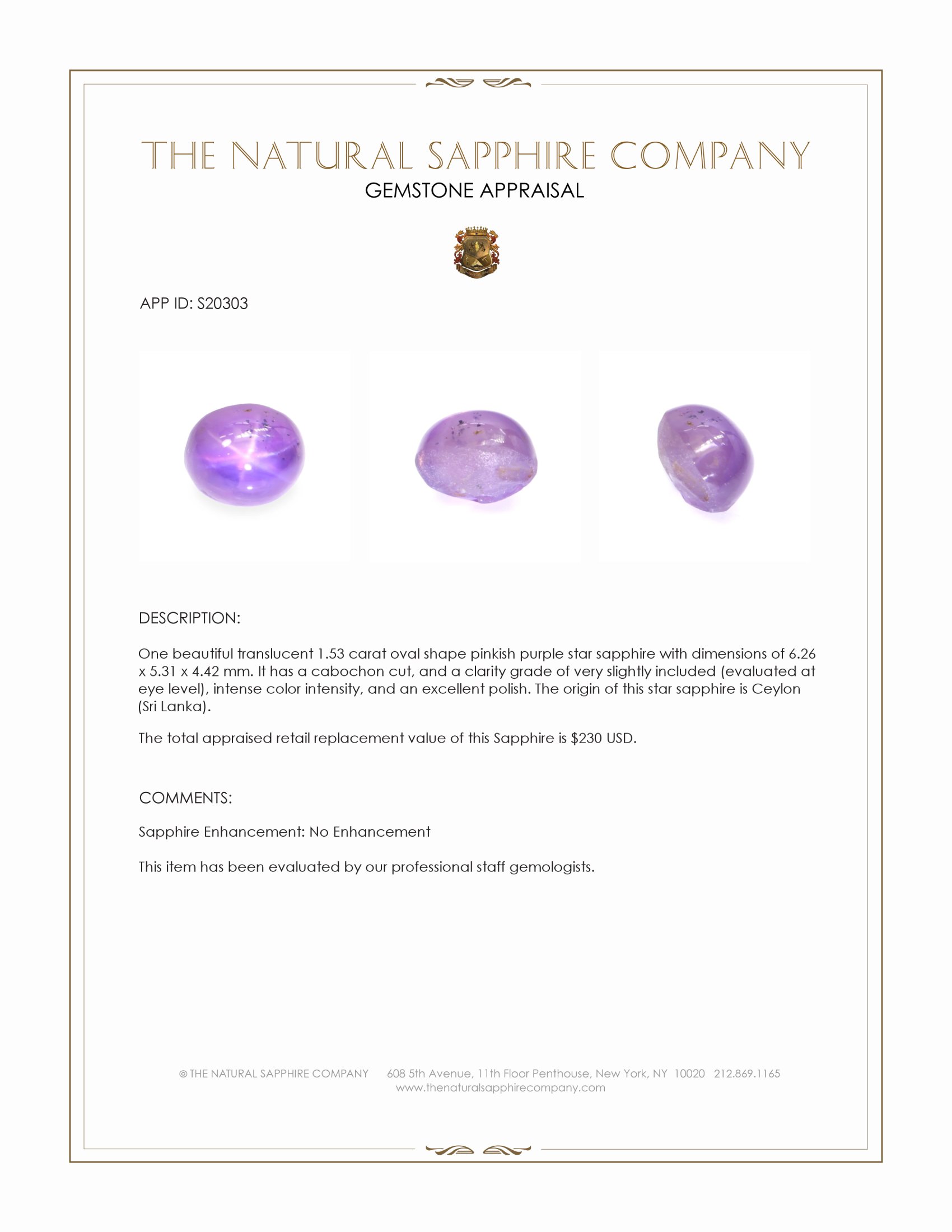 1.53 Ct. Pinkish Purple Star Sapphire from Ceylon (Sri Lanka)