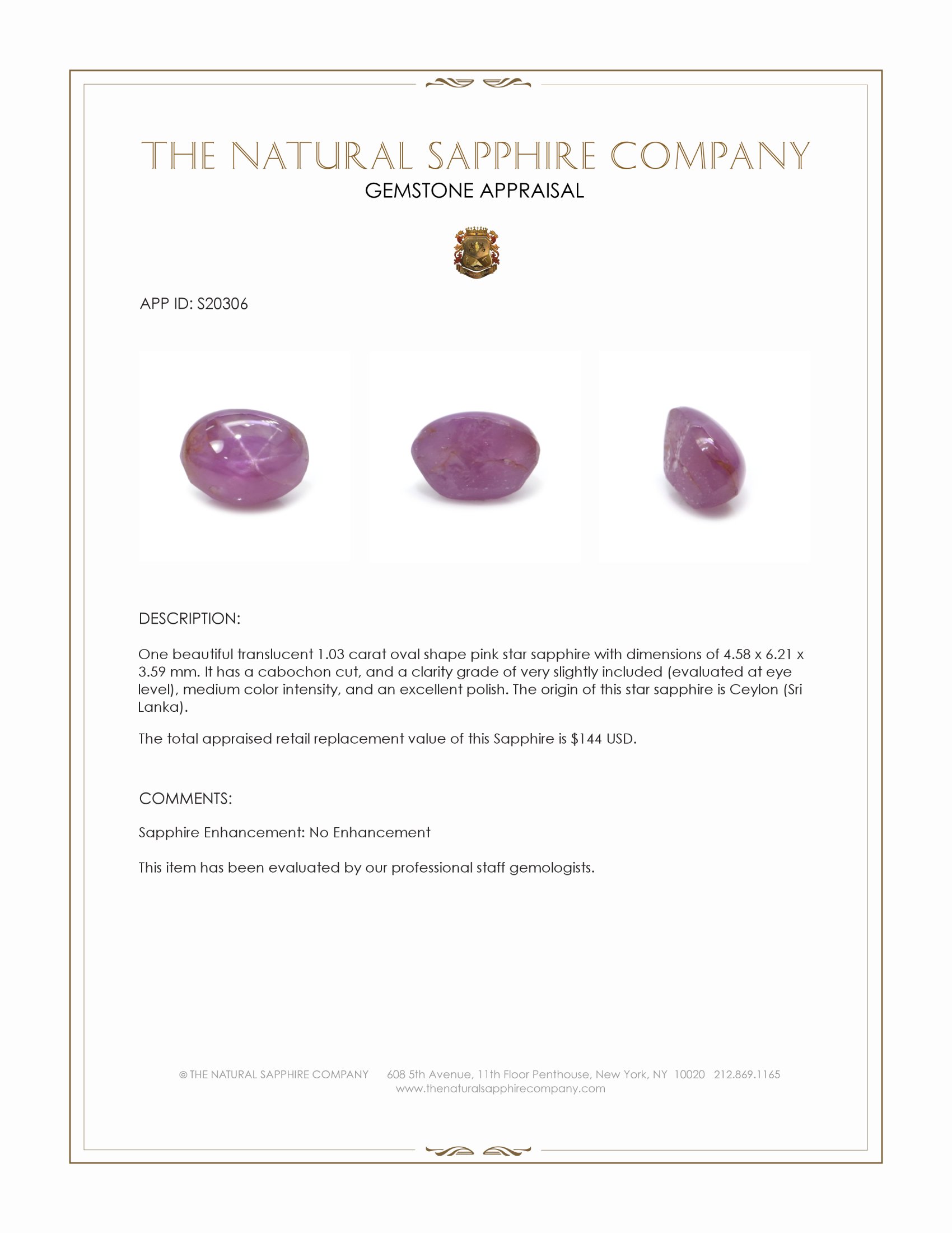 1.03 Ct. Pink Star Sapphire from Ceylon (Sri Lanka)