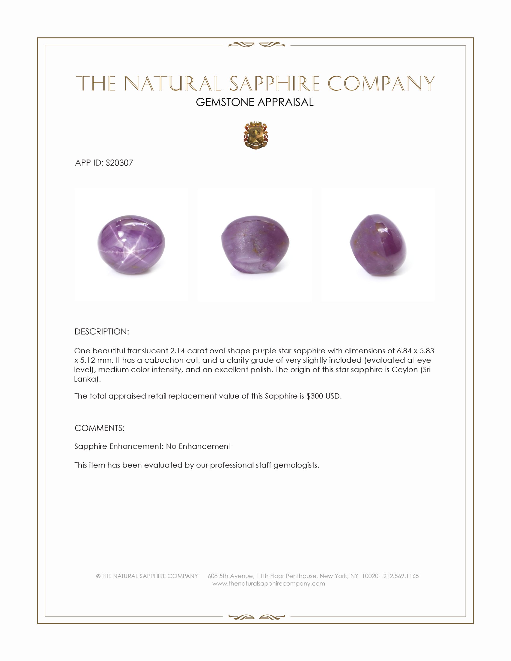 2.14 Ct. Purple Star Sapphire from Ceylon (Sri Lanka)