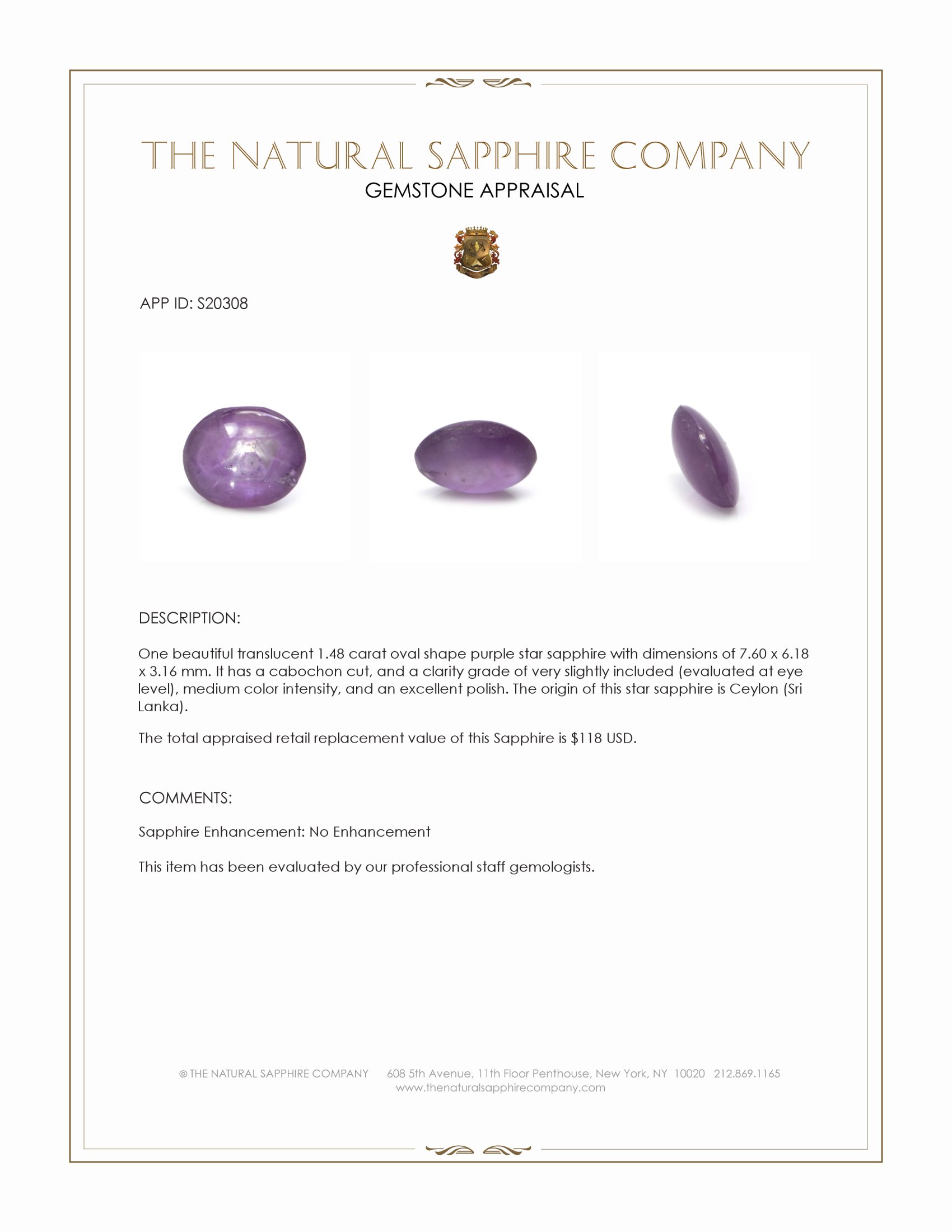 1.48 Ct. Purple Star Sapphire from Ceylon (Sri Lanka)