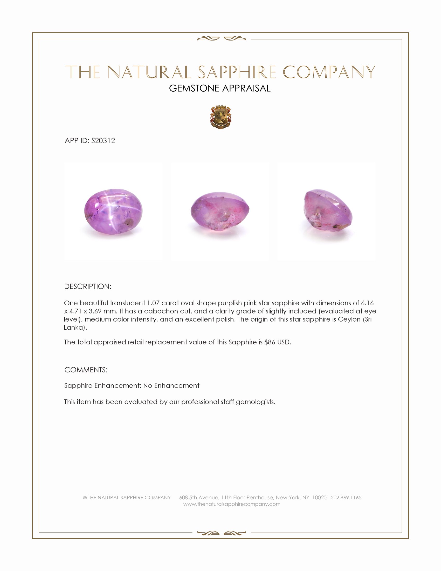 1.07 Ct. Purplish Pink Star Sapphire from Ceylon (Sri Lanka)