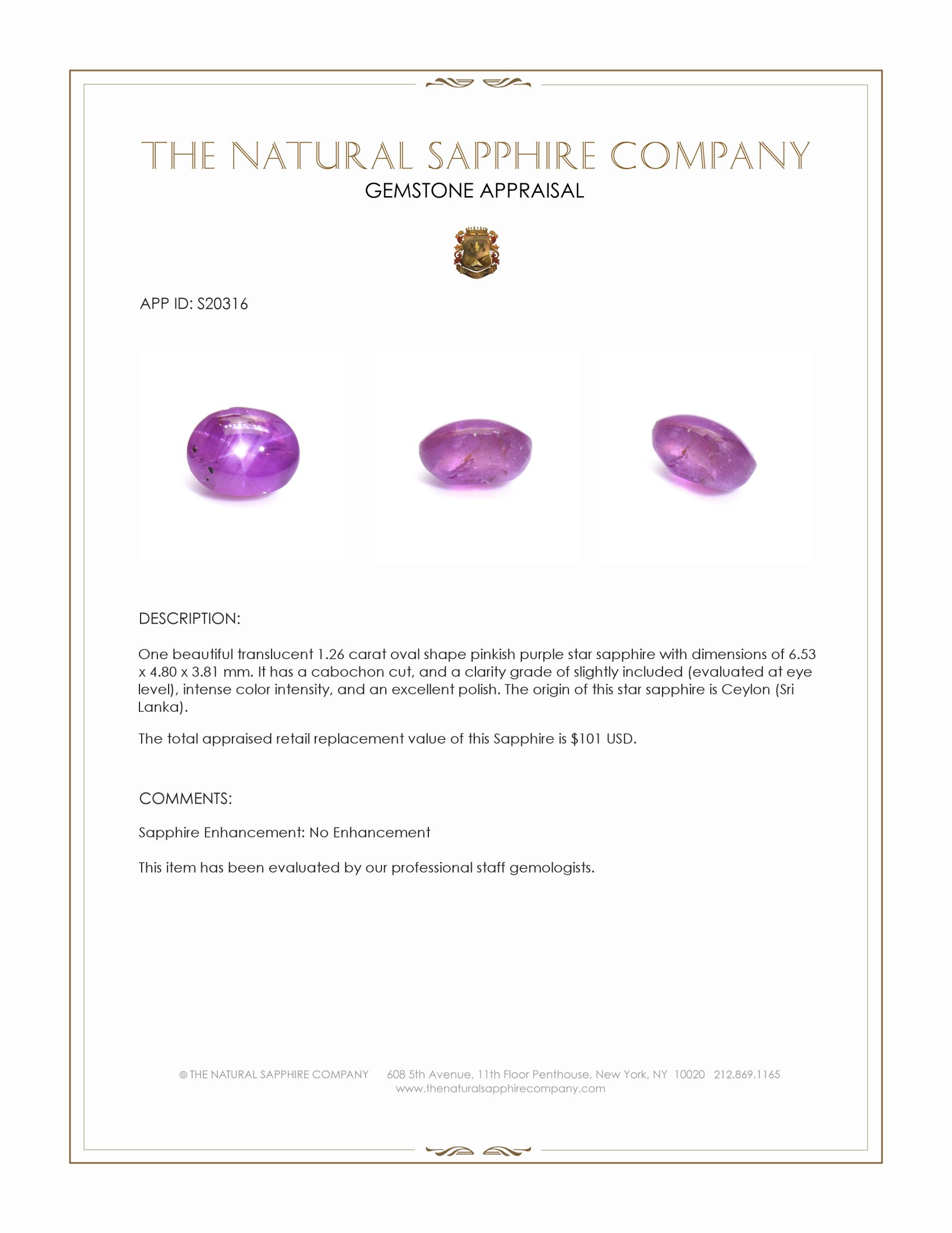 1.26 Ct. Pinkish Purple Star Sapphire from Ceylon (Sri Lanka)