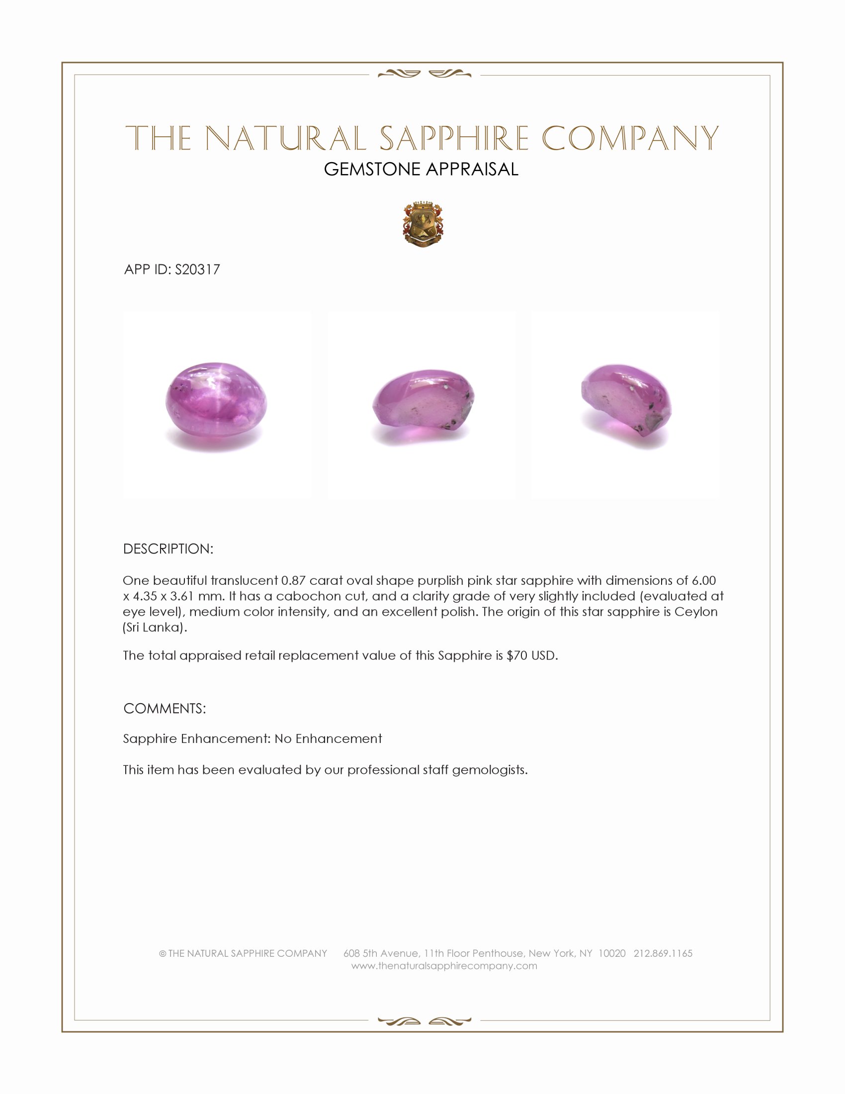 0.87 Ct. Purplish Pink Star Sapphire from Ceylon (Sri Lanka)
