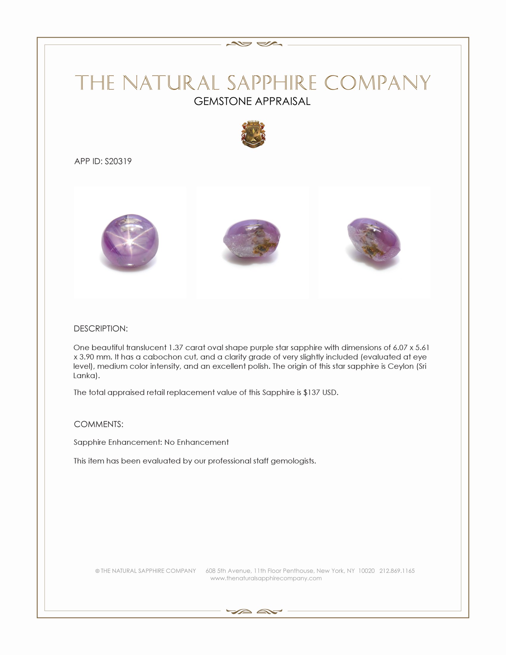 1.37 Ct. Purple Star Sapphire from Ceylon (Sri Lanka)