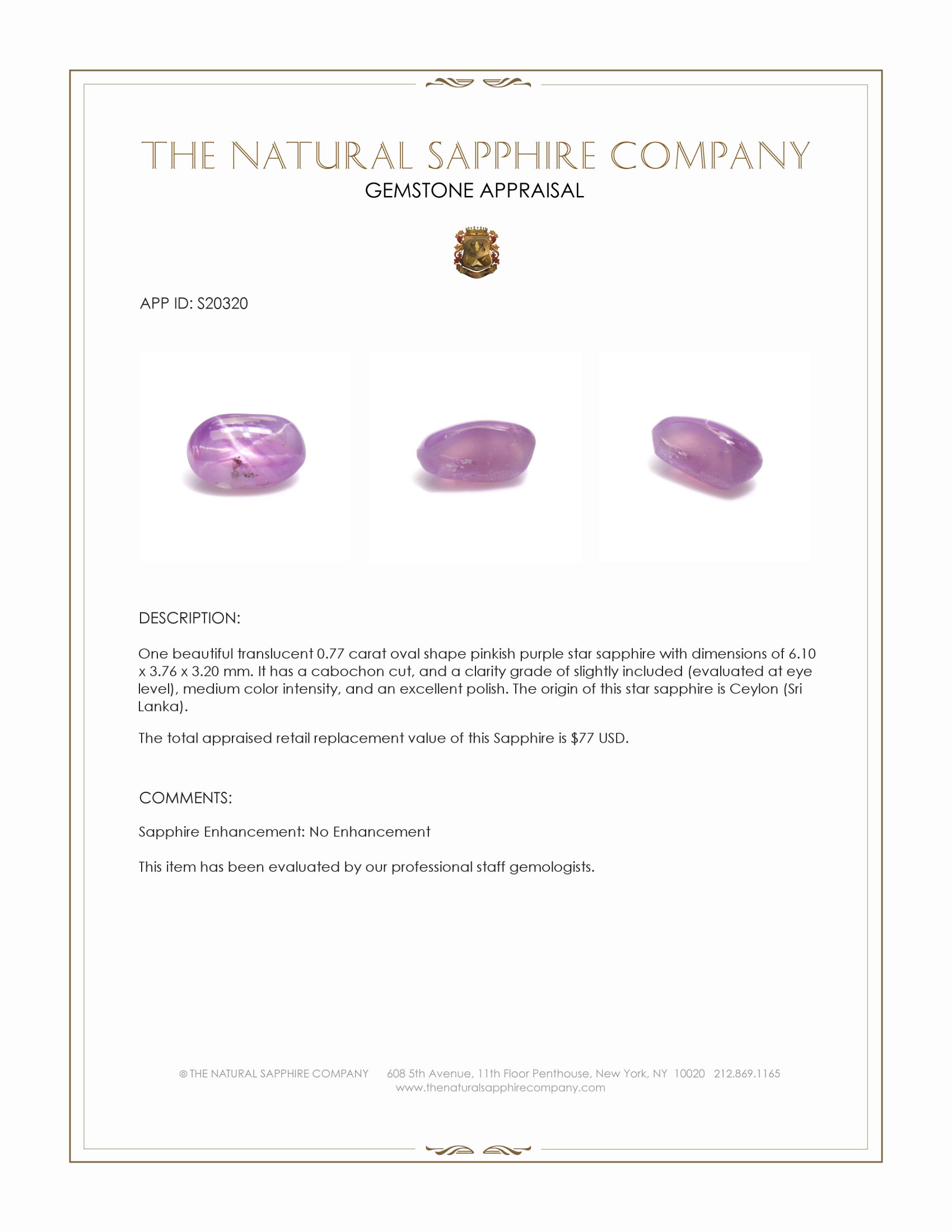 0.77 Ct. Pinkish Purple Star Sapphire from Ceylon (Sri Lanka)