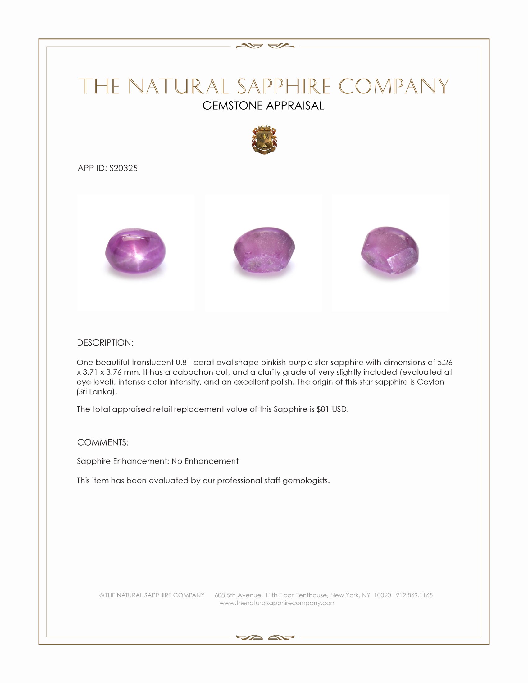 0.81 Ct. Pinkish Purple Star Sapphire from Ceylon (Sri Lanka)