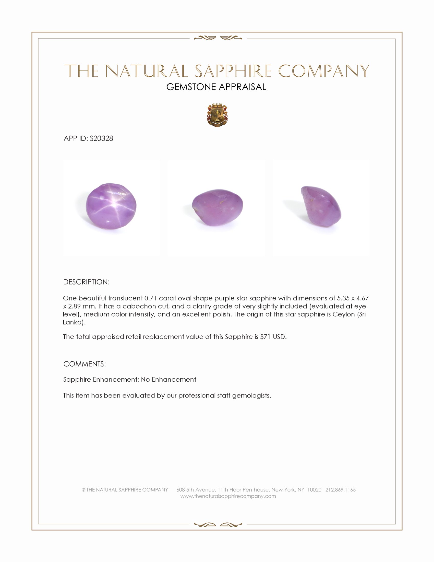 0.71 Ct. Purple Star Sapphire from Ceylon (Sri Lanka)